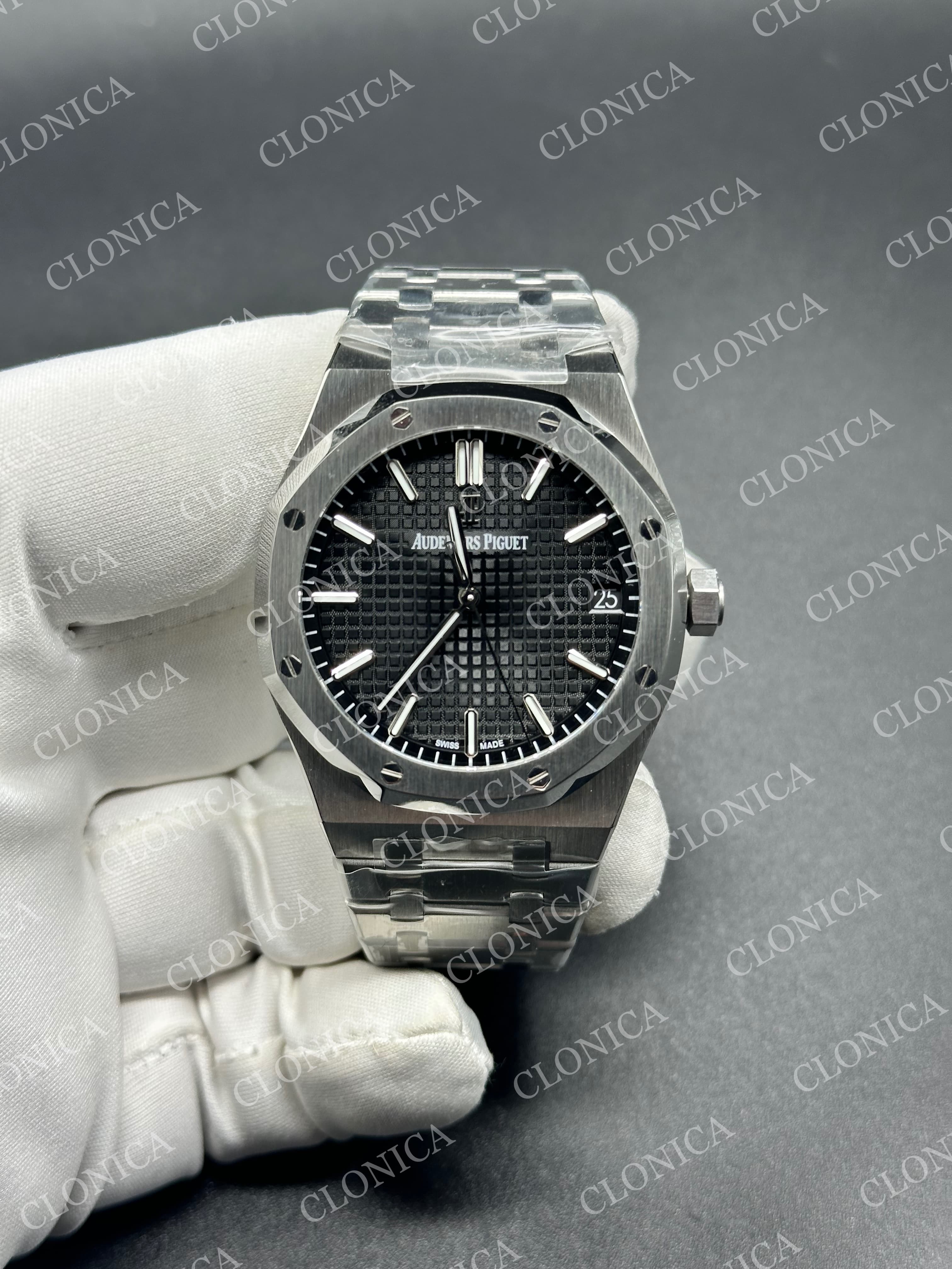 ROYAL OAK 41MM 15500 SS 1:1 BLACK TEXTURED DIAL ON SS BRACELET SUPER CLONE A4302 — view 1