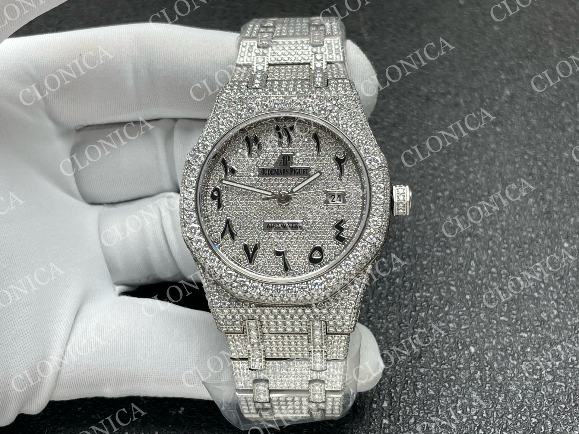 ROYAL OAK 41MM 15400 SS 1:1 DIAMOND TEXTURED DIAL ON SS DIAMOND BRACELET SA3120 SUPER CLONE — view 1