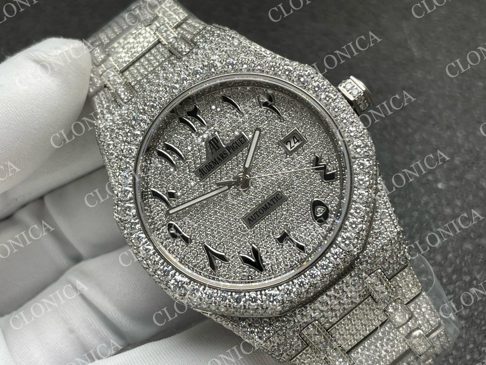 ROYAL OAK 41MM 15400 SS 1:1 DIAMOND TEXTURED DIAL ON SS DIAMOND BRACELET SA3120 SUPER CLONE — view 2