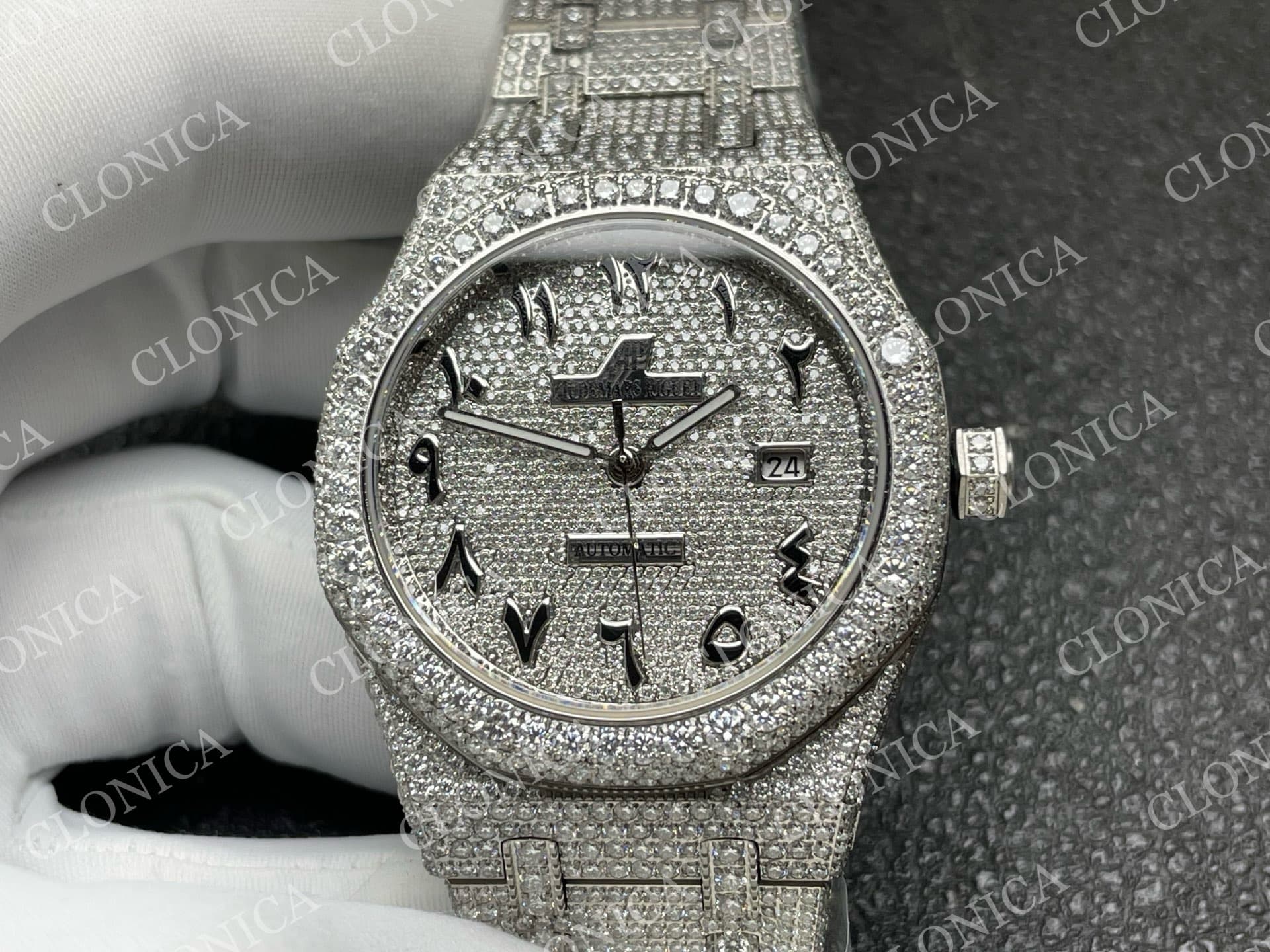 ROYAL OAK 41MM 15400 SS 1:1 DIAMOND TEXTURED DIAL ON SS DIAMOND BRACELET SA3120 SUPER CLONE — view 3