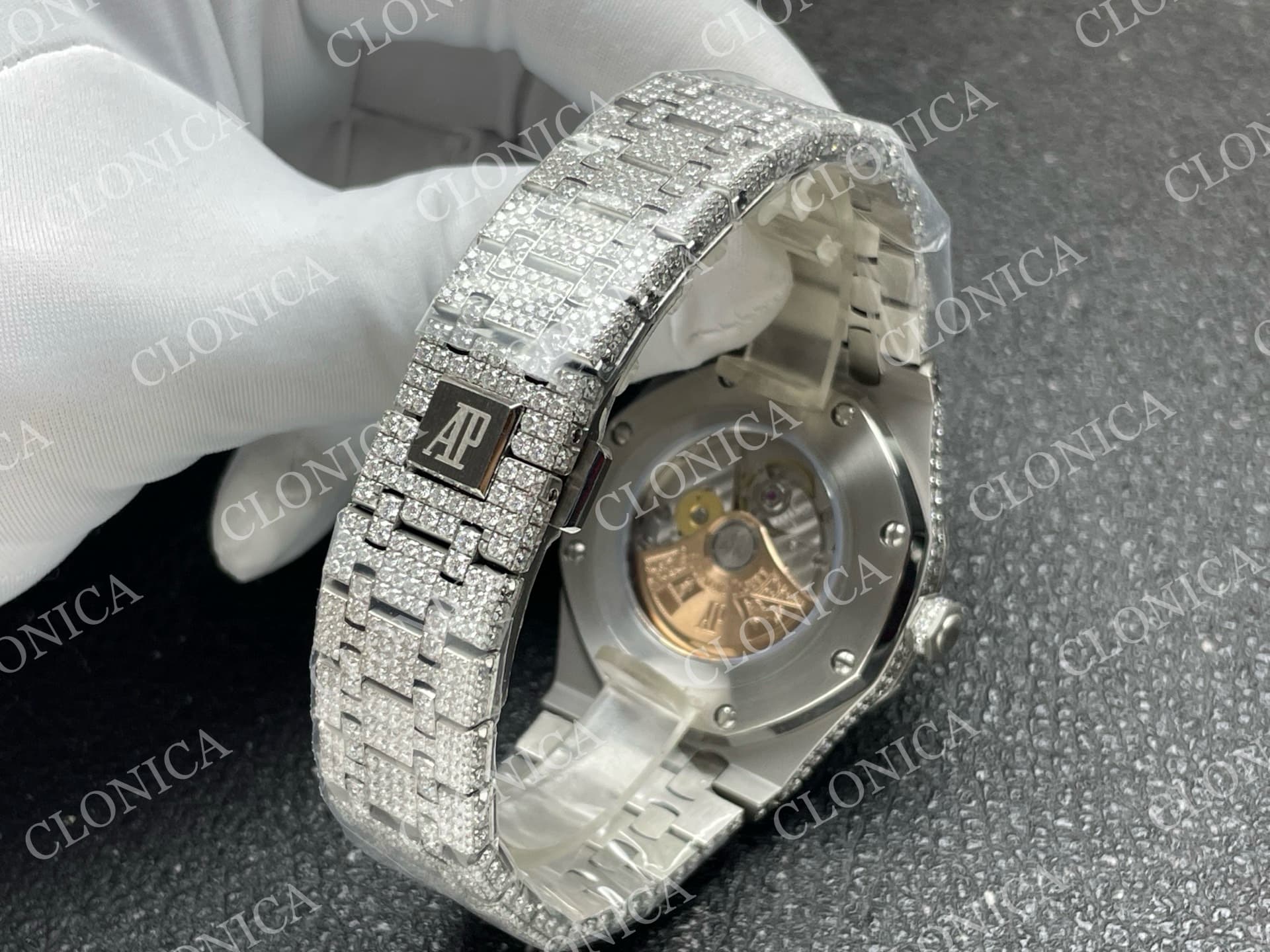 ROYAL OAK 41MM 15400 SS 1:1 DIAMOND TEXTURED DIAL ON SS DIAMOND BRACELET SA3120 SUPER CLONE — view 5