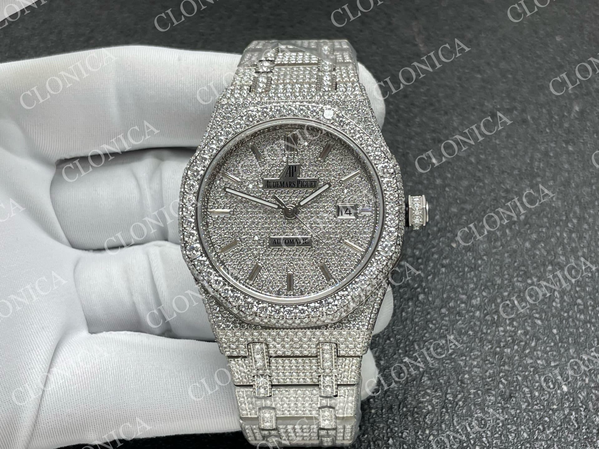 ROYAL OAK 41MM 15400 SS 1:1 DIAMOND TEXTURED DIAL ON SS DIAMOND BRACELET SA3120 SUPER CLONE — view 1