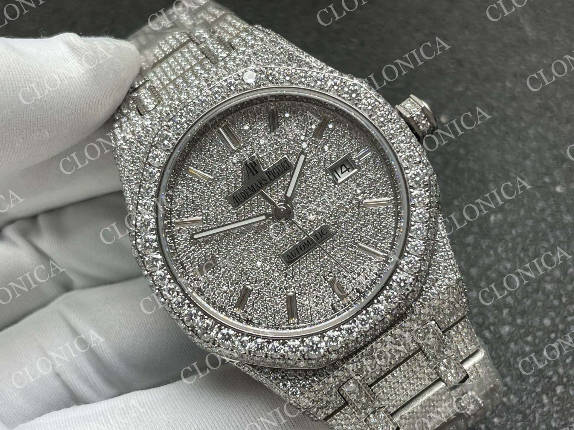 ROYAL OAK 41MM 15400 SS 1:1 DIAMOND TEXTURED DIAL ON SS DIAMOND BRACELET SA3120 SUPER CLONE — view 2