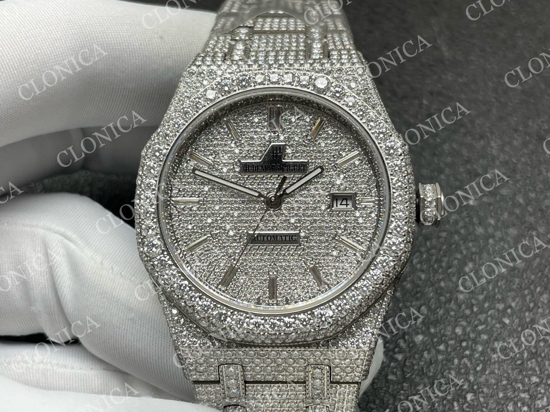 ROYAL OAK 41MM 15400 SS 1:1 DIAMOND TEXTURED DIAL ON SS DIAMOND BRACELET SA3120 SUPER CLONE — view 3