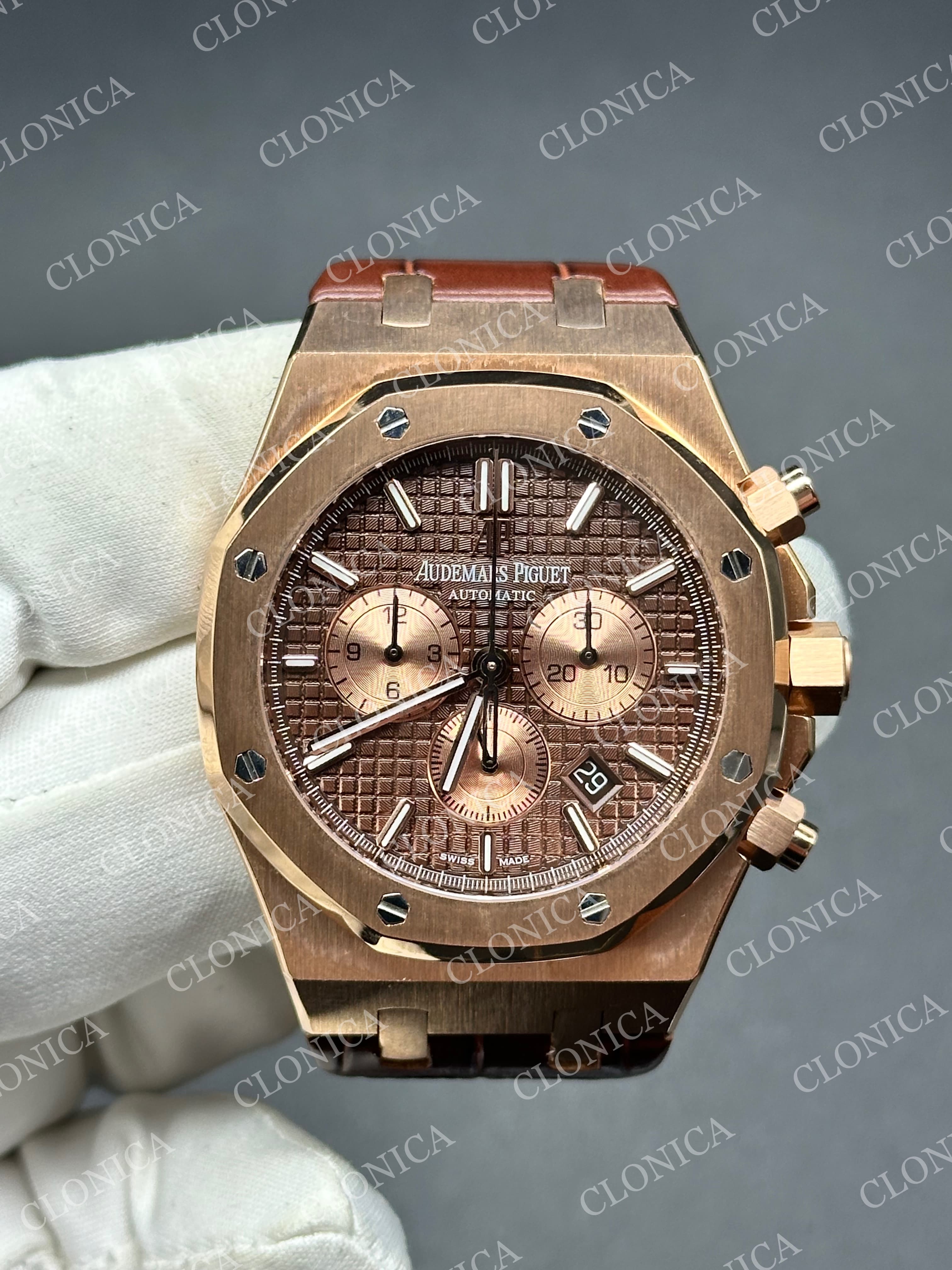 ROYAL OAK CHRONO 26331 SS BROWN DIAL ROSE SUBDIAL ON BROWN LEATHER STRAP A2385 — view 1