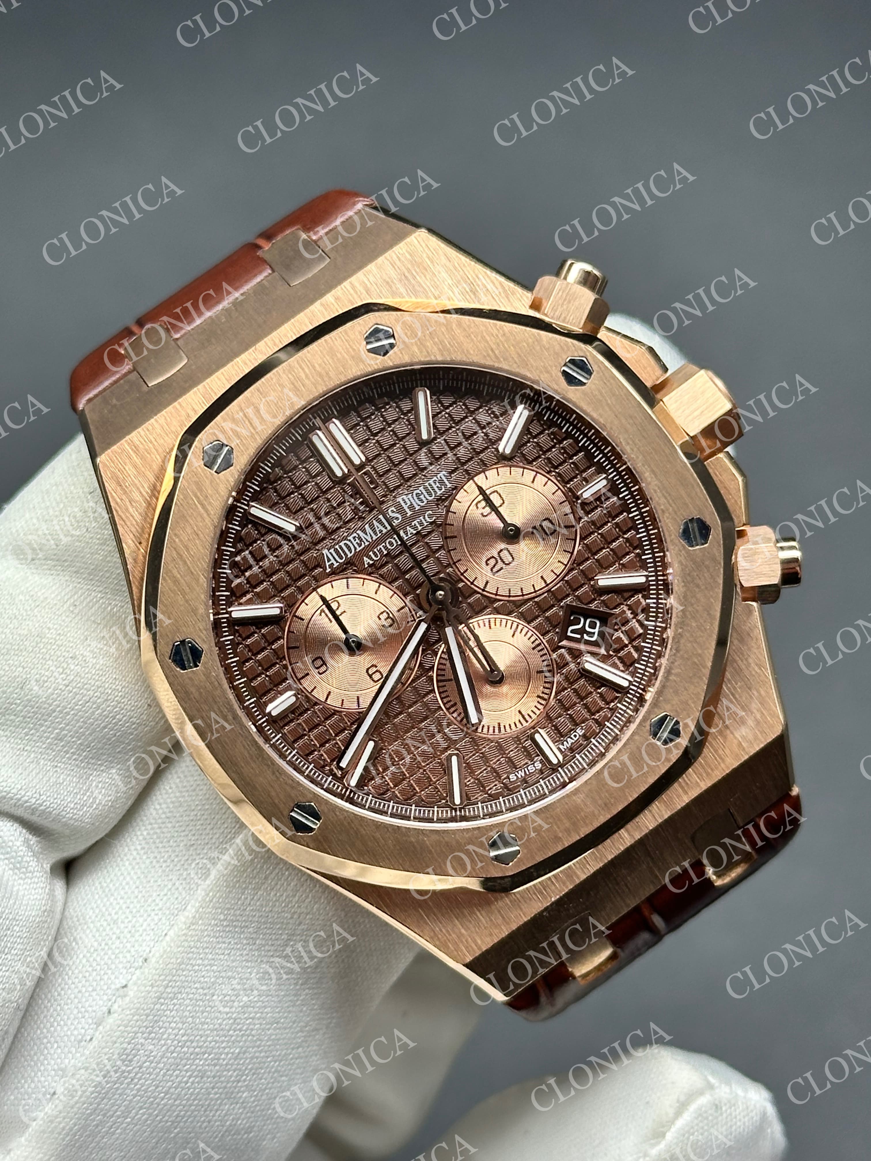 ROYAL OAK CHRONO 26331 SS BROWN DIAL ROSE SUBDIAL ON BROWN LEATHER STRAP A2385 — view 2