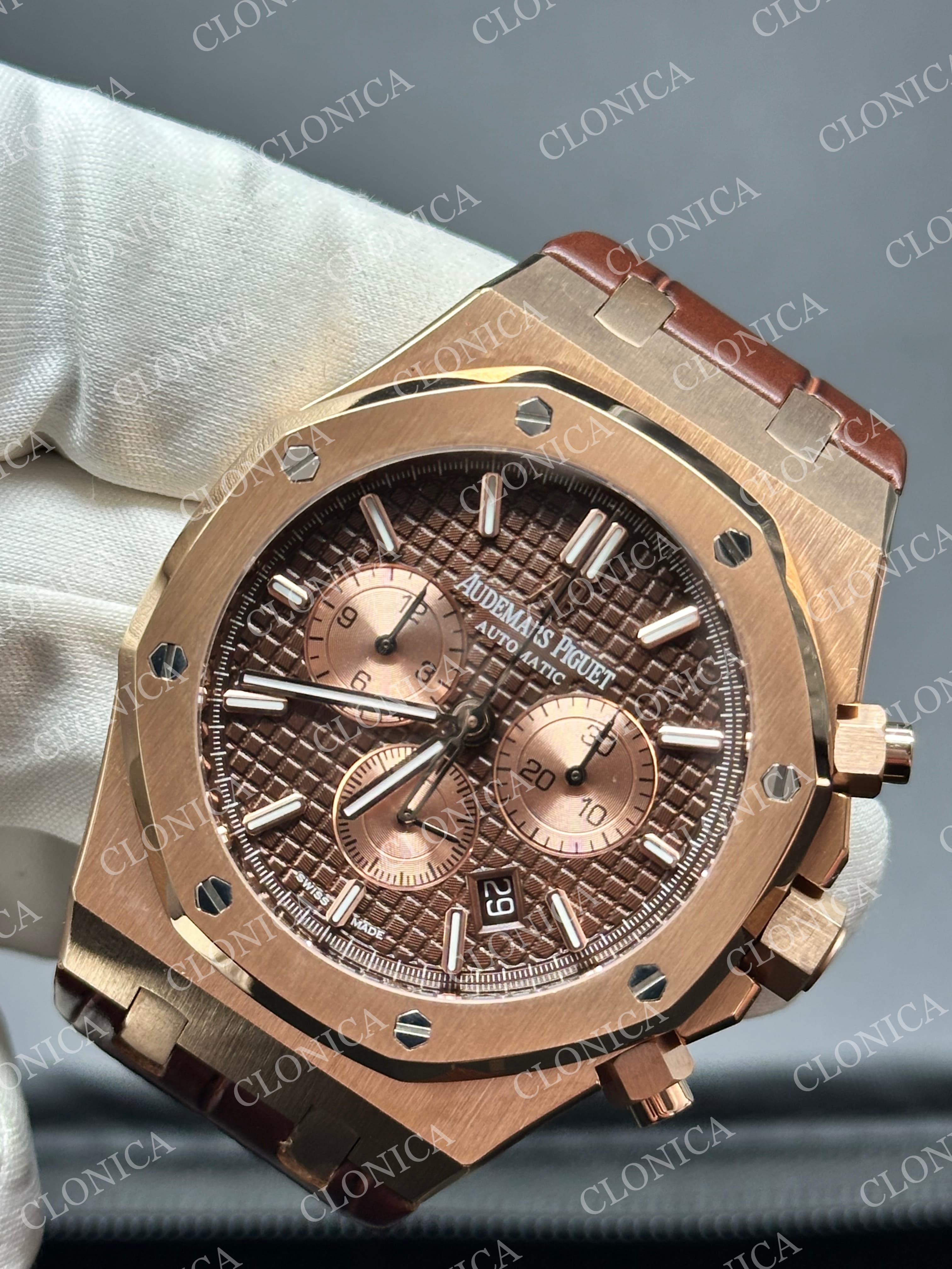 ROYAL OAK CHRONO 26331 SS BROWN DIAL ROSE SUBDIAL ON BROWN LEATHER STRAP A2385 — view 3