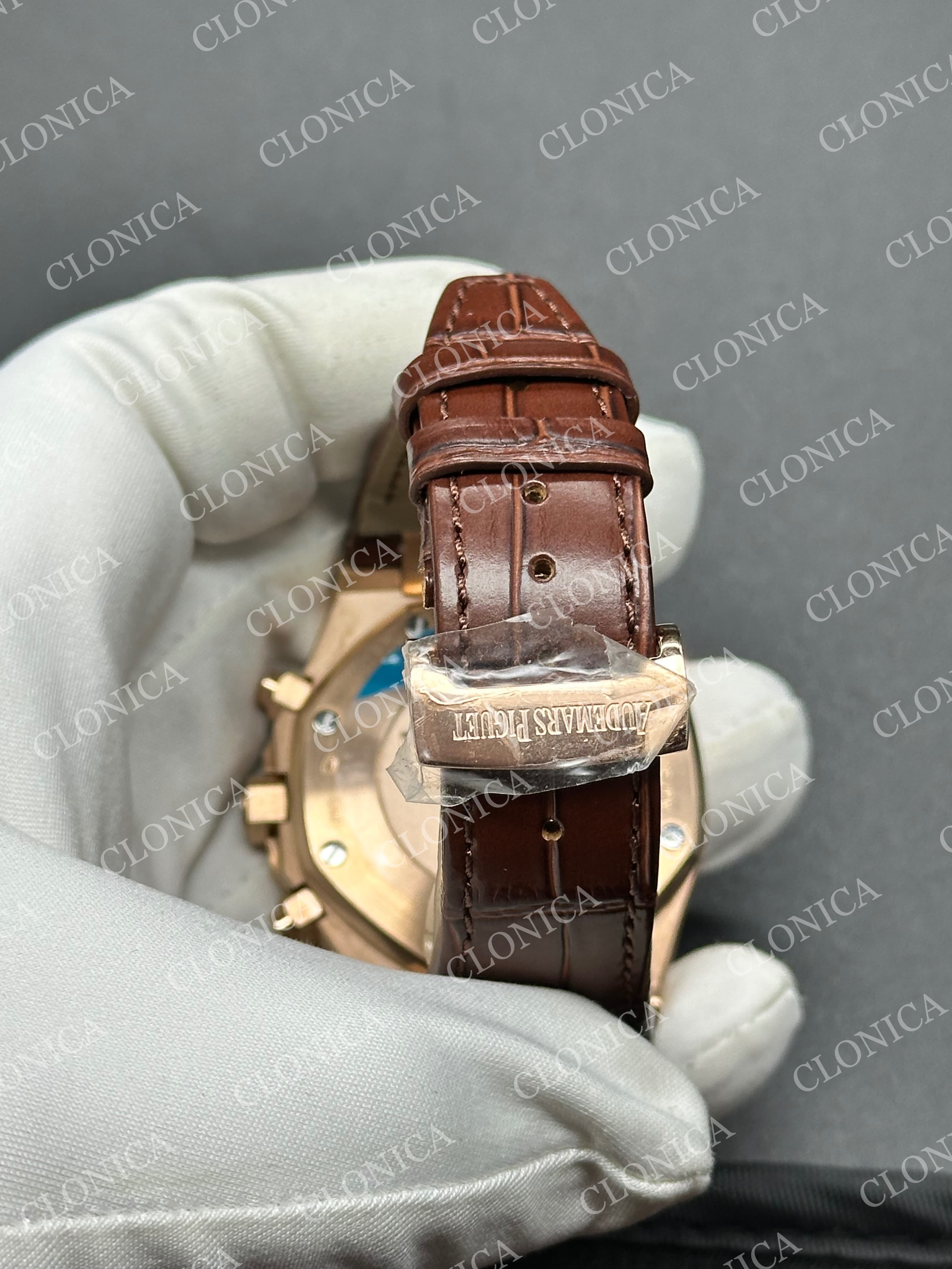 ROYAL OAK CHRONO 26331 SS BROWN DIAL ROSE SUBDIAL ON BROWN LEATHER STRAP A2385 — view 6