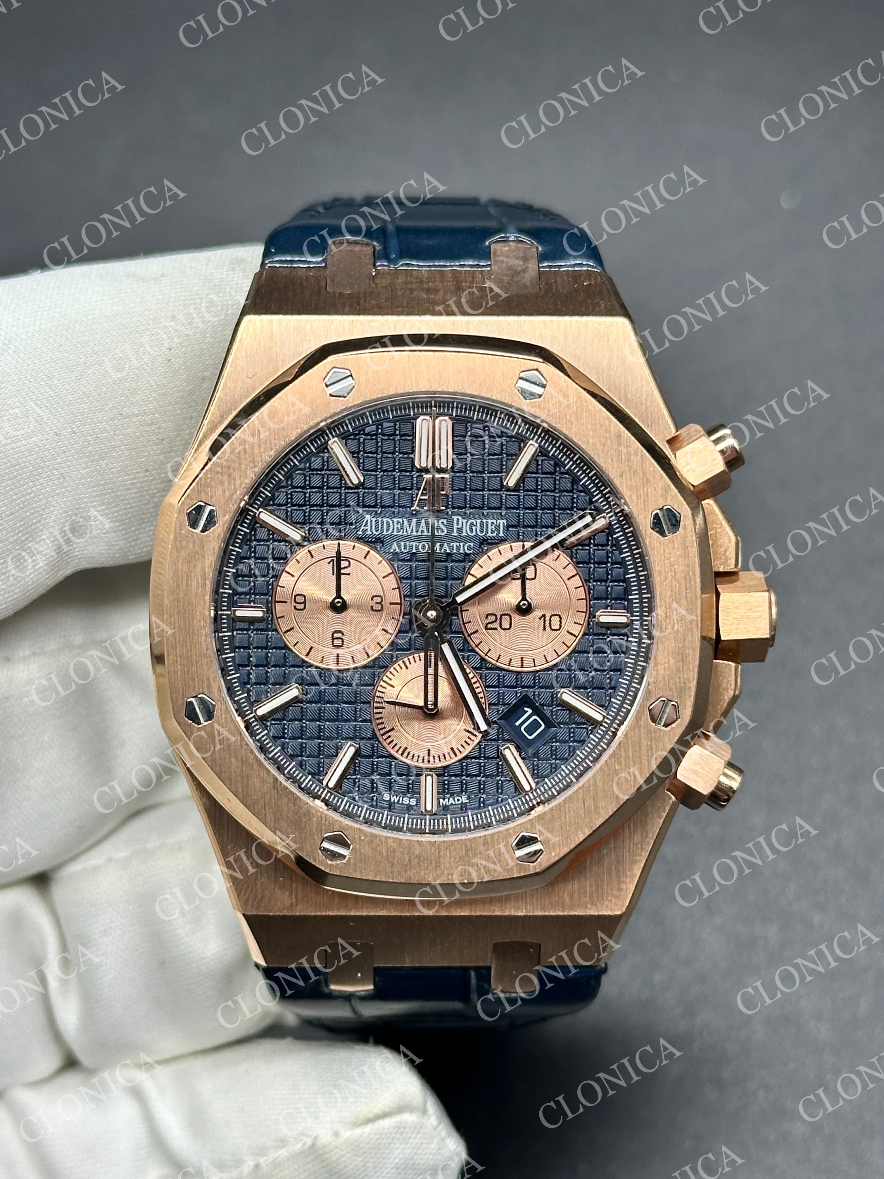 ROYAL OAK CHRONO 26331 SS BLUE DIAL ROSE SUBDIAL ON BLUE LEATHER STRAP A2385 — view 1