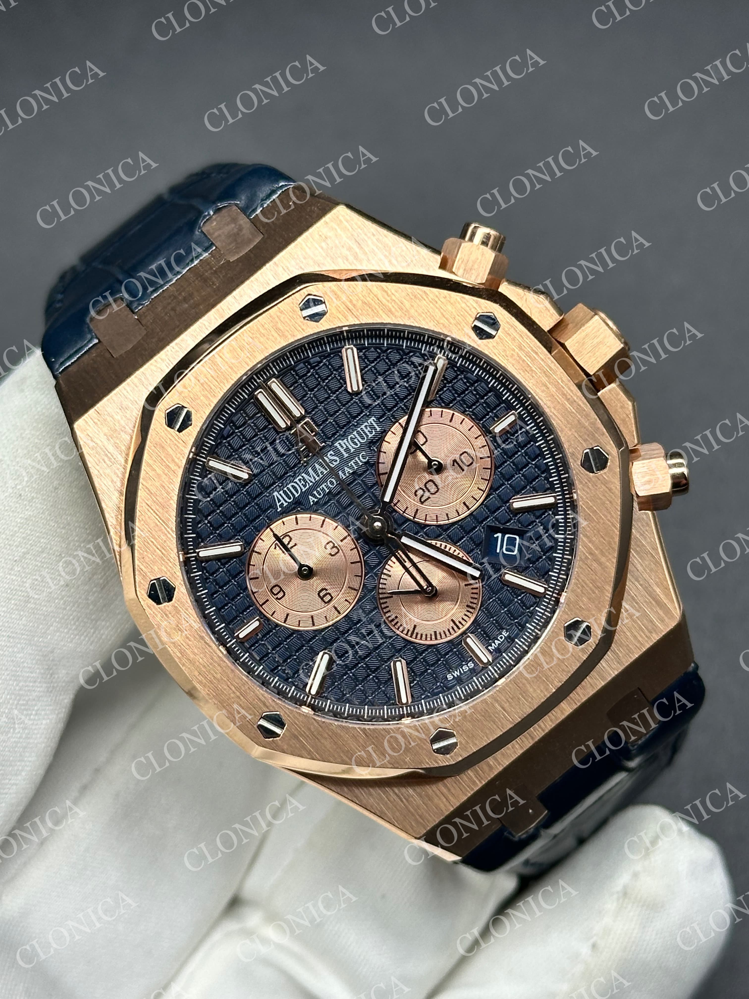 ROYAL OAK CHRONO 26331 SS BLUE DIAL ROSE SUBDIAL ON BLUE LEATHER STRAP A2385 — view 2