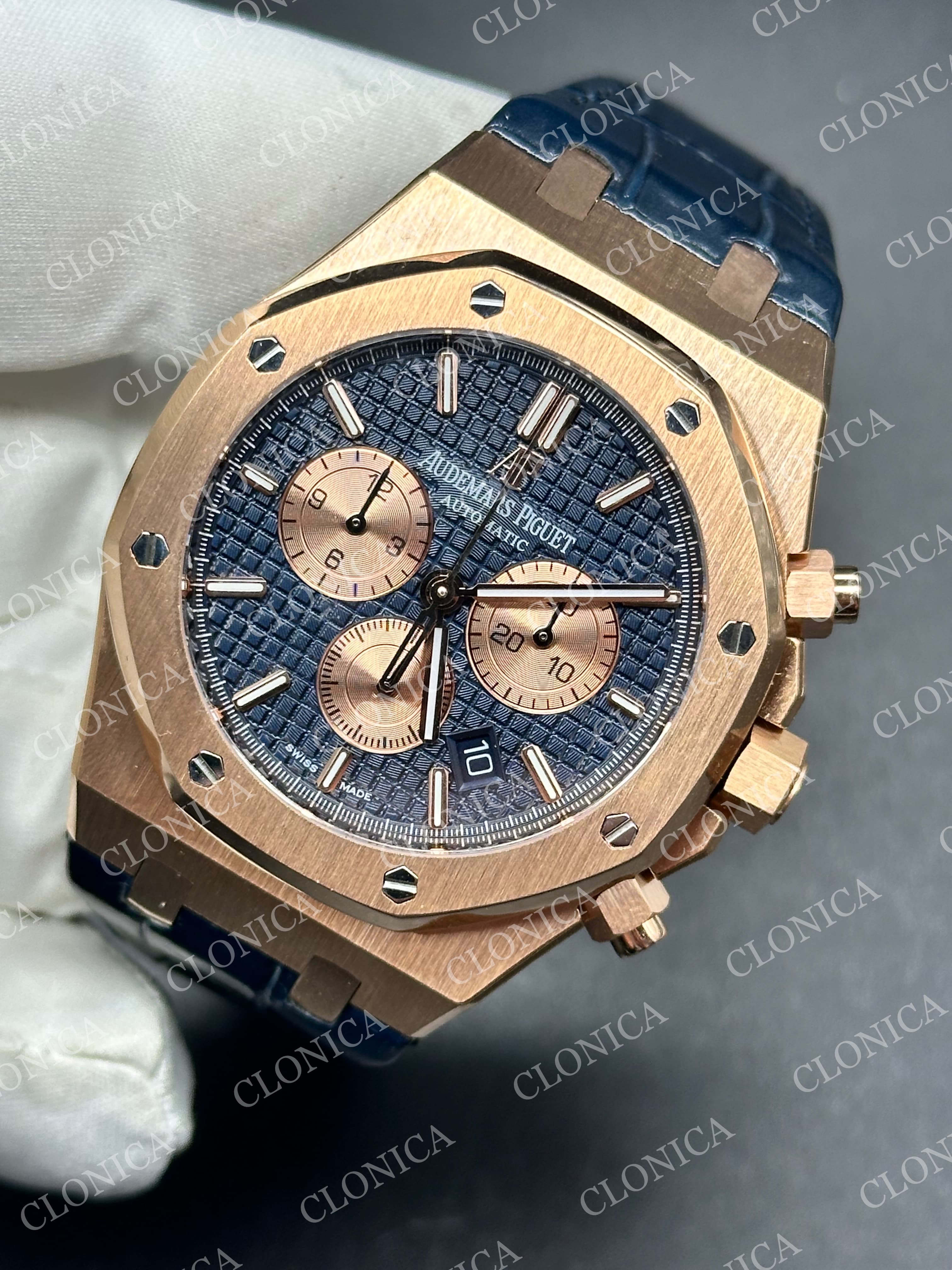 ROYAL OAK CHRONO 26331 SS BLUE DIAL ROSE SUBDIAL ON BLUE LEATHER STRAP A2385 — view 3