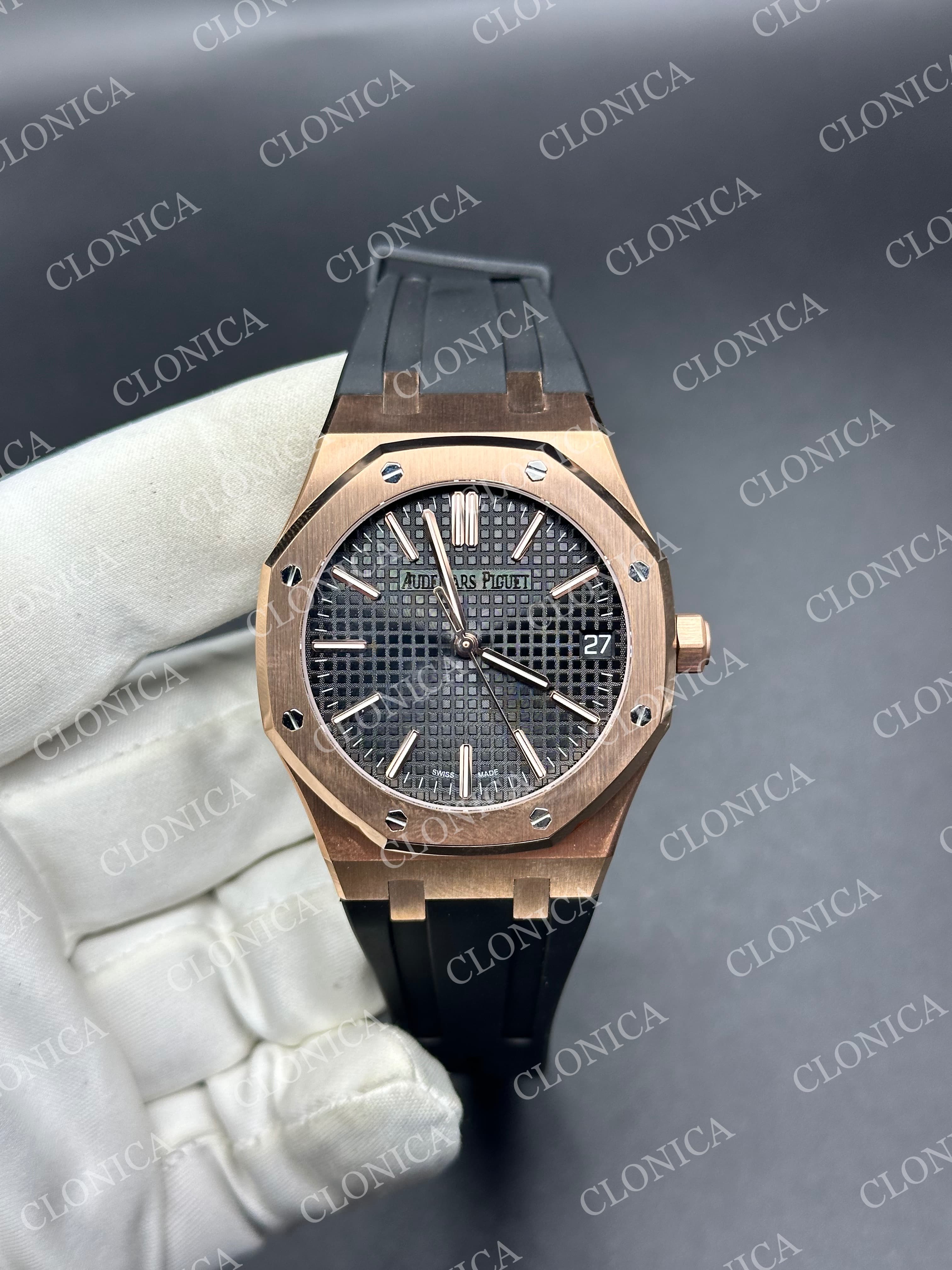 ROYAL OAK 41MM 15510 RG 1:1 BLACK TEXTURED DIAL ON LEATHER BRACELET SUPER CLONE A4302 — view 1