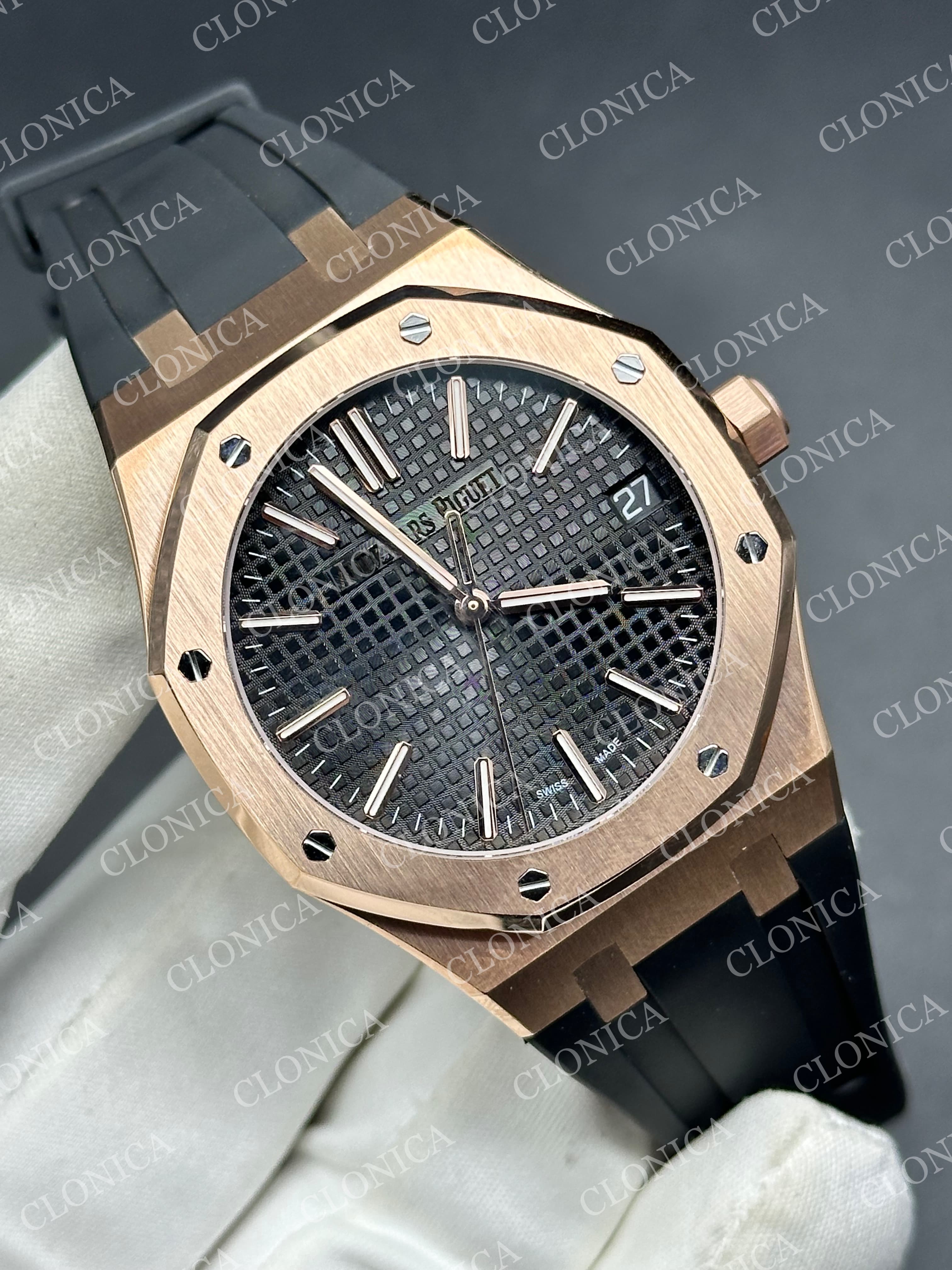 ROYAL OAK 41MM 15510 RG 1:1 BLACK TEXTURED DIAL ON LEATHER BRACELET SUPER CLONE A4302 — view 2