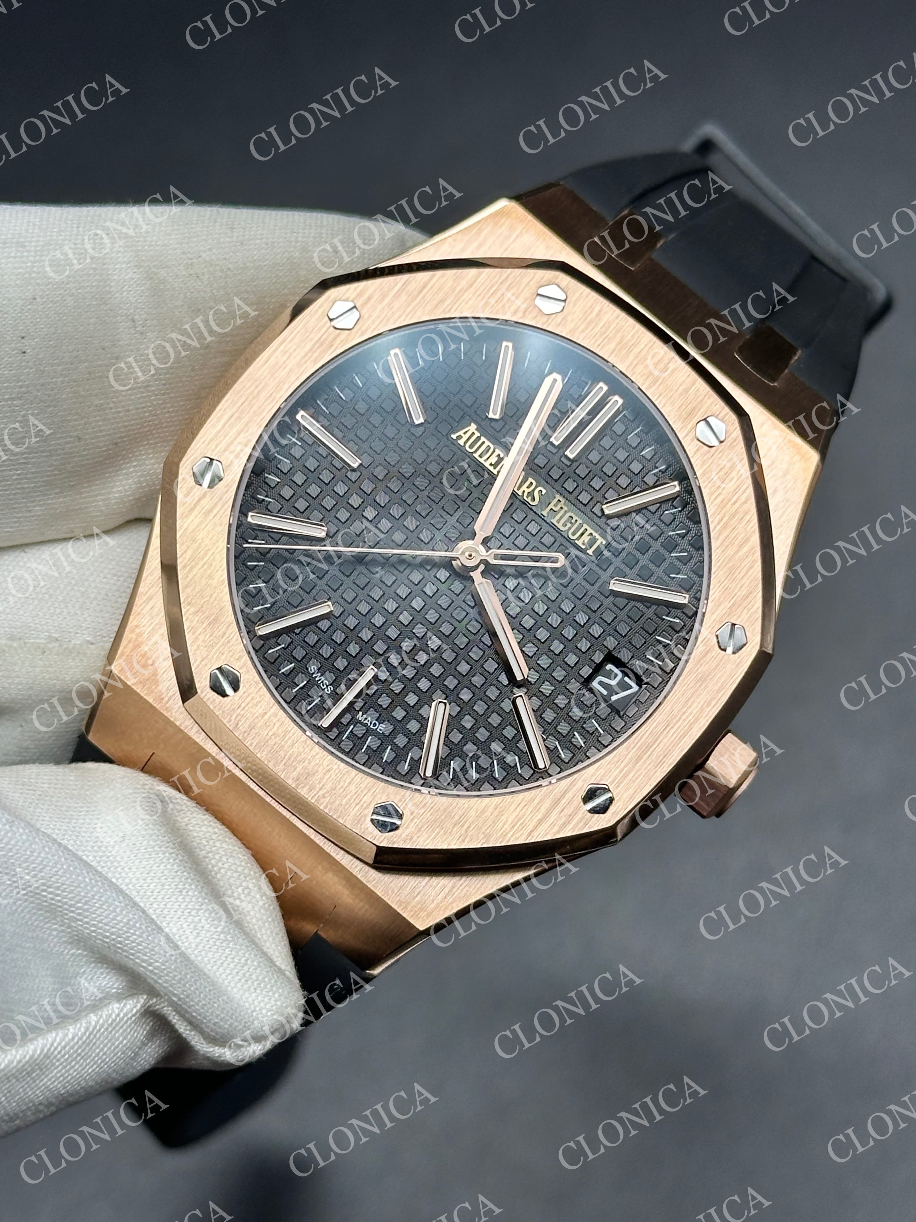 ROYAL OAK 41MM 15510 RG 1:1 BLACK TEXTURED DIAL ON LEATHER BRACELET SUPER CLONE A4302 — view 3