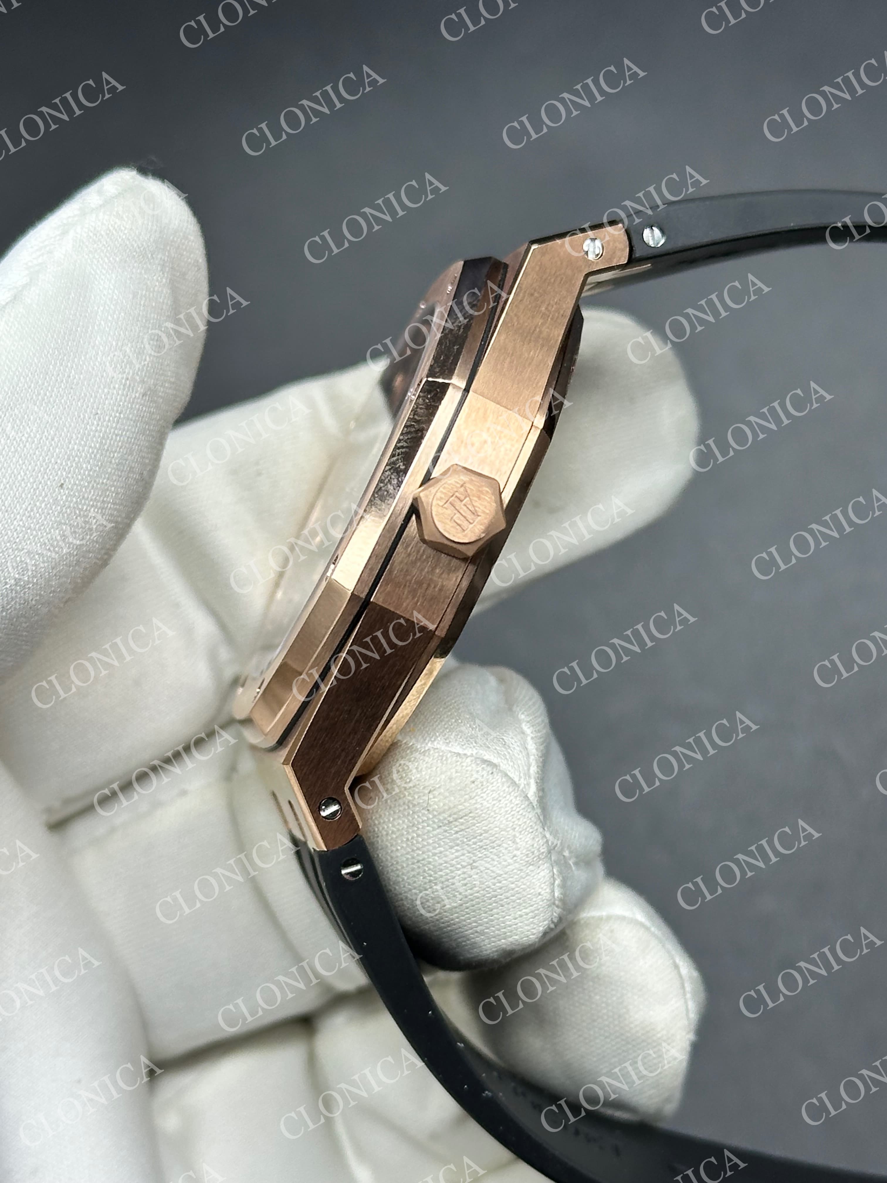 ROYAL OAK 41MM 15510 RG 1:1 BLACK TEXTURED DIAL ON LEATHER BRACELET SUPER CLONE A4302 — view 4