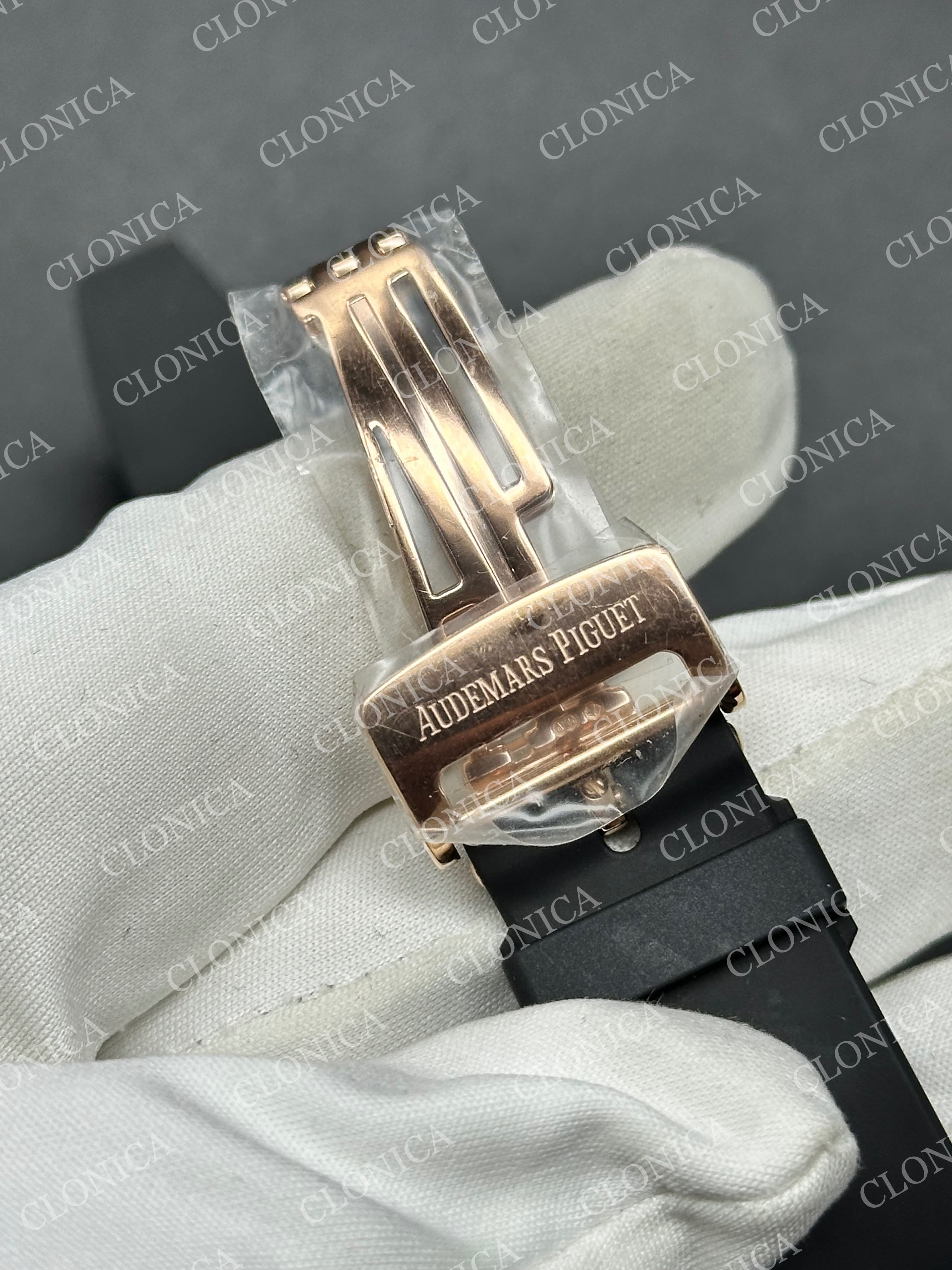 ROYAL OAK 41MM 15510 RG 1:1 BLACK TEXTURED DIAL ON LEATHER BRACELET SUPER CLONE A4302 — view 7