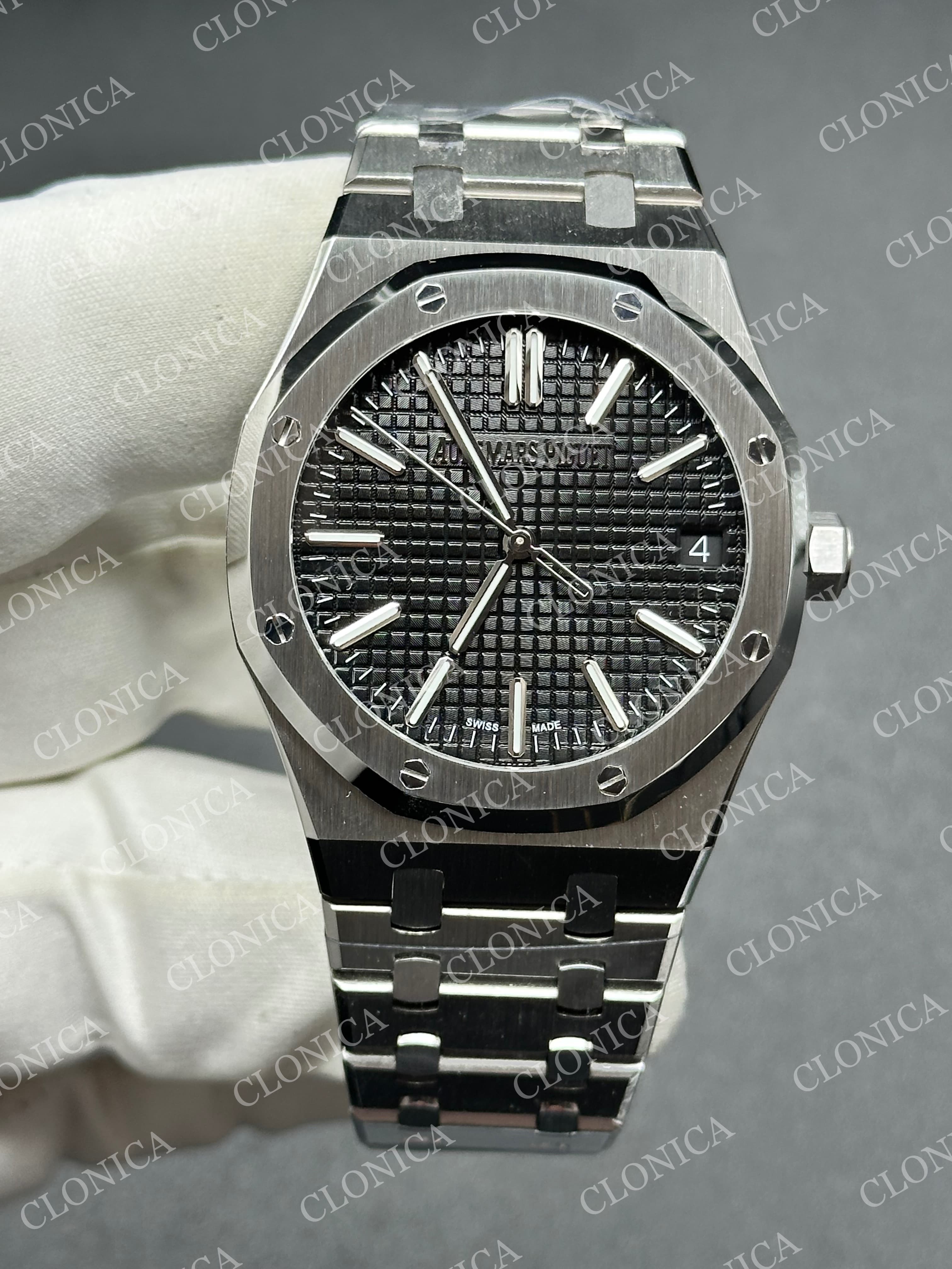 ROYAL OAK 41MM 15510 SS 1:1 BLACK TEXTURED DIAL ON SS BRACELET SUPER CLONE A4302