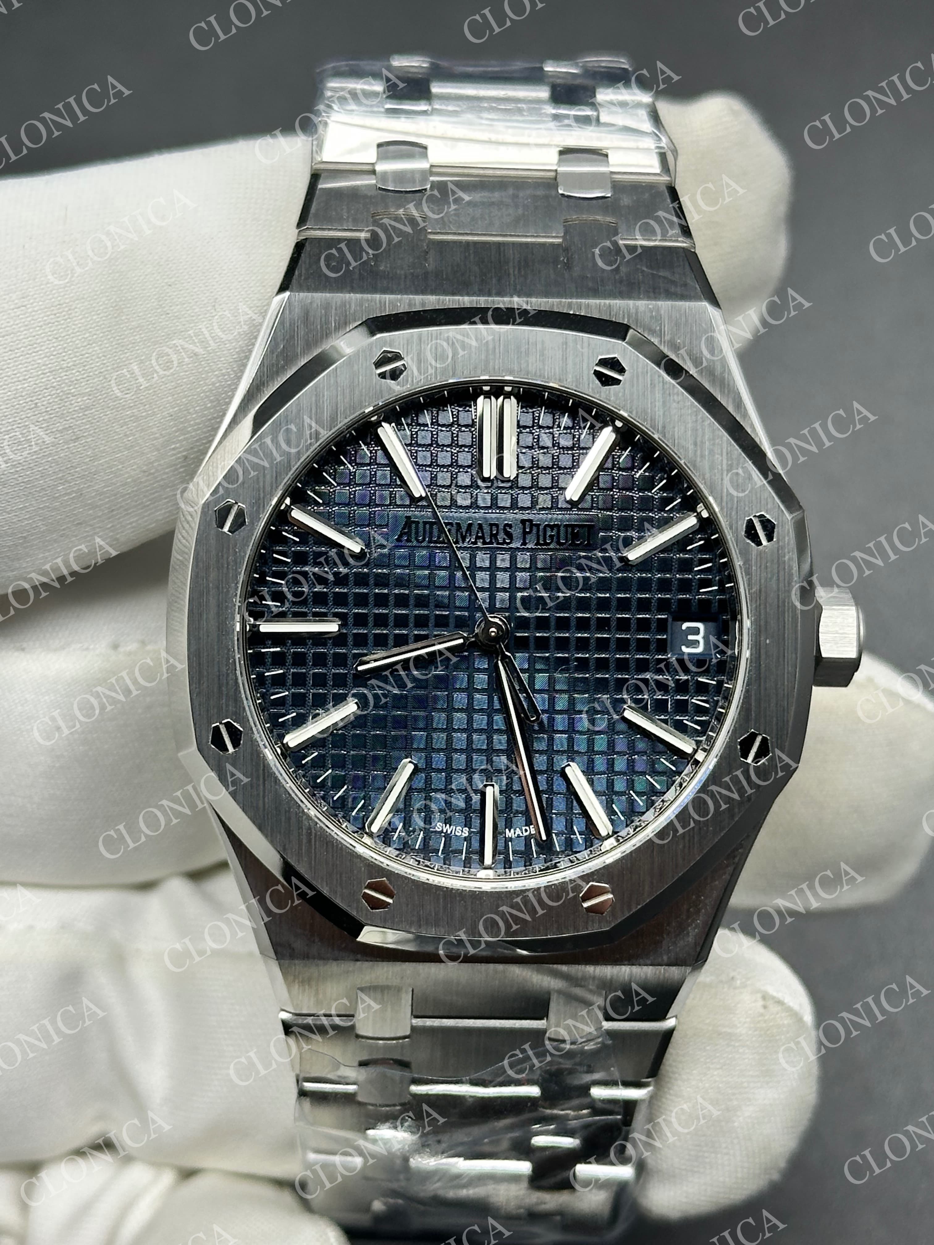 ROYAL OAK 41MM 15510 SS 1:1 BLUE TEXTURED DIAL ON SS BRACELET SUPER CLONE A4302 — view 1