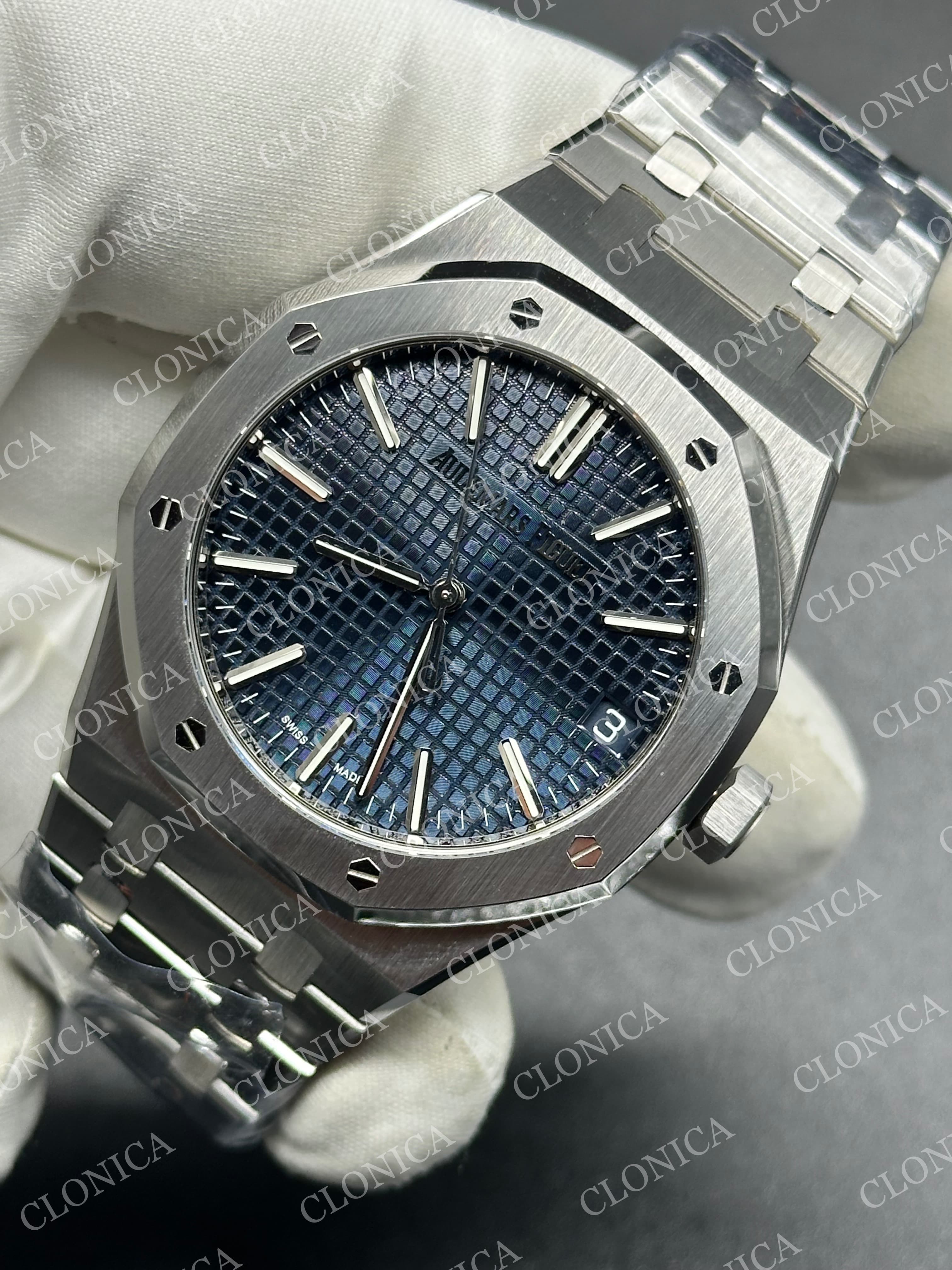 ROYAL OAK 41MM 15510 SS 1:1 BLUE TEXTURED DIAL ON SS BRACELET SUPER CLONE A4302 — view 3
