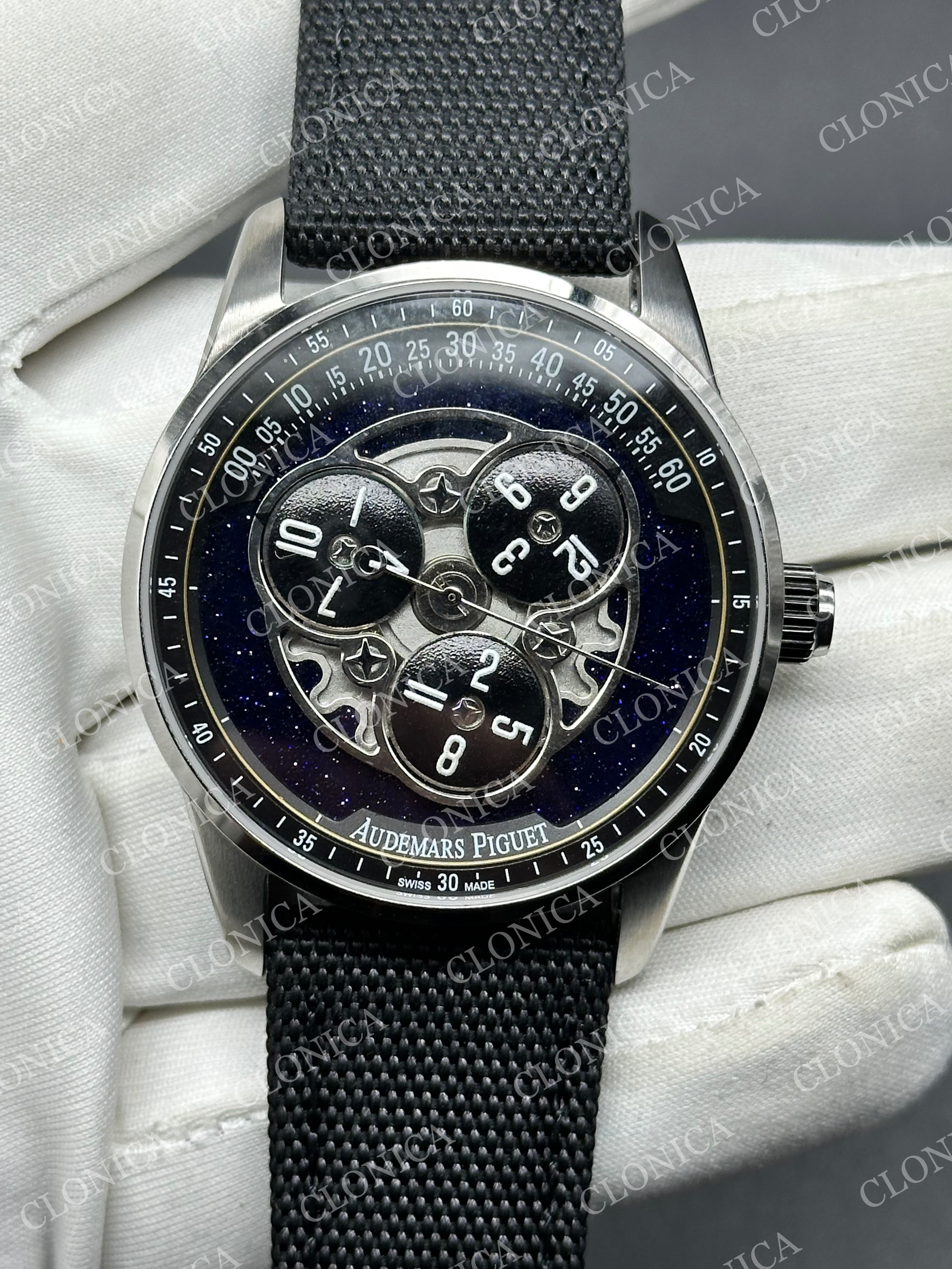 ROYAL OAK 41MM code 11.59 SS 1:1 BALCK/BLUE TEXTURED DIAL ON TEXTILE BRACELET SUPER CLONE A4302