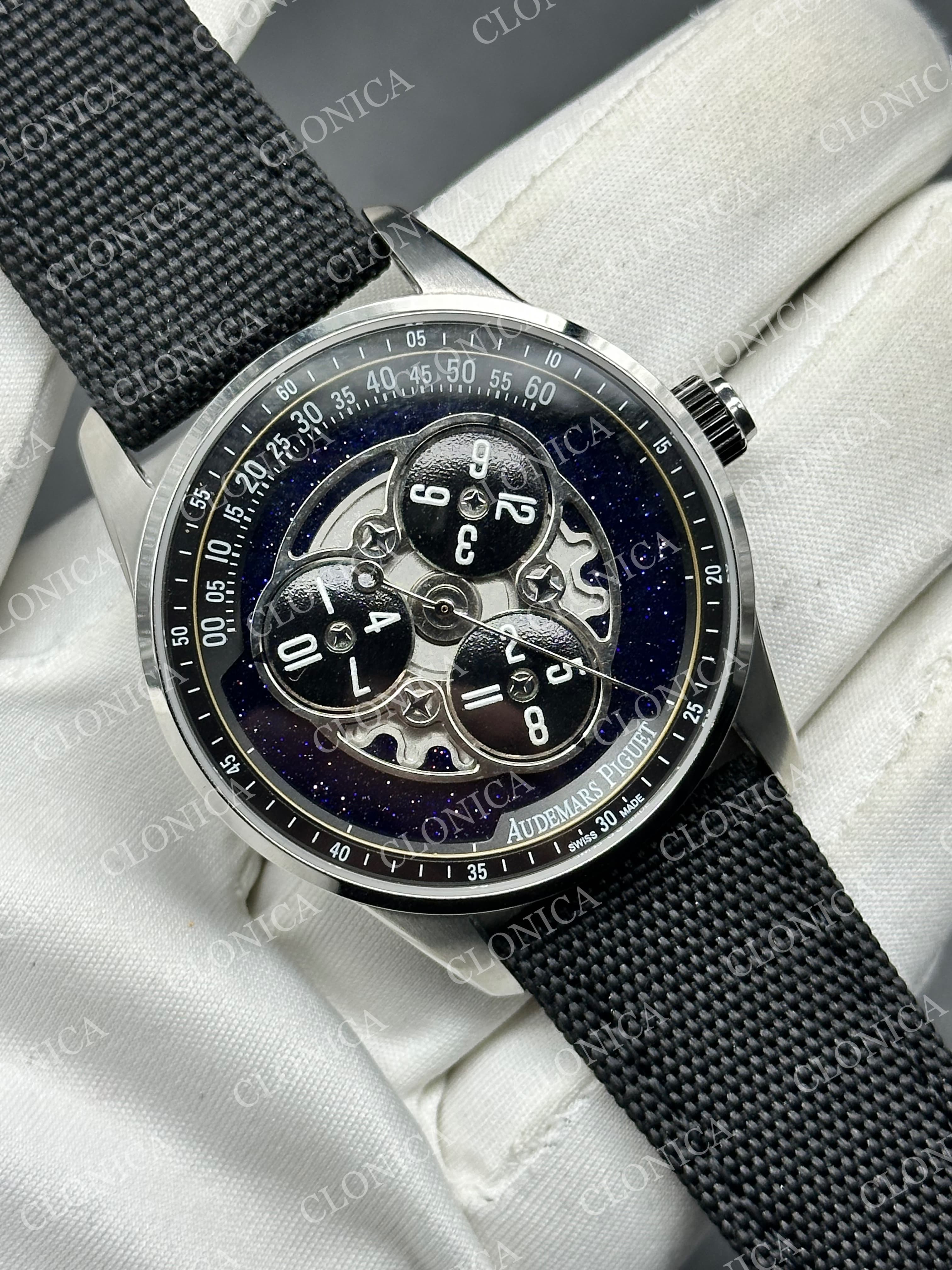 ROYAL OAK 41MM code 11.59 SS 1:1 BALCK/BLUE TEXTURED DIAL ON TEXTILE BRACELET SUPER CLONE A4302 — view 2
