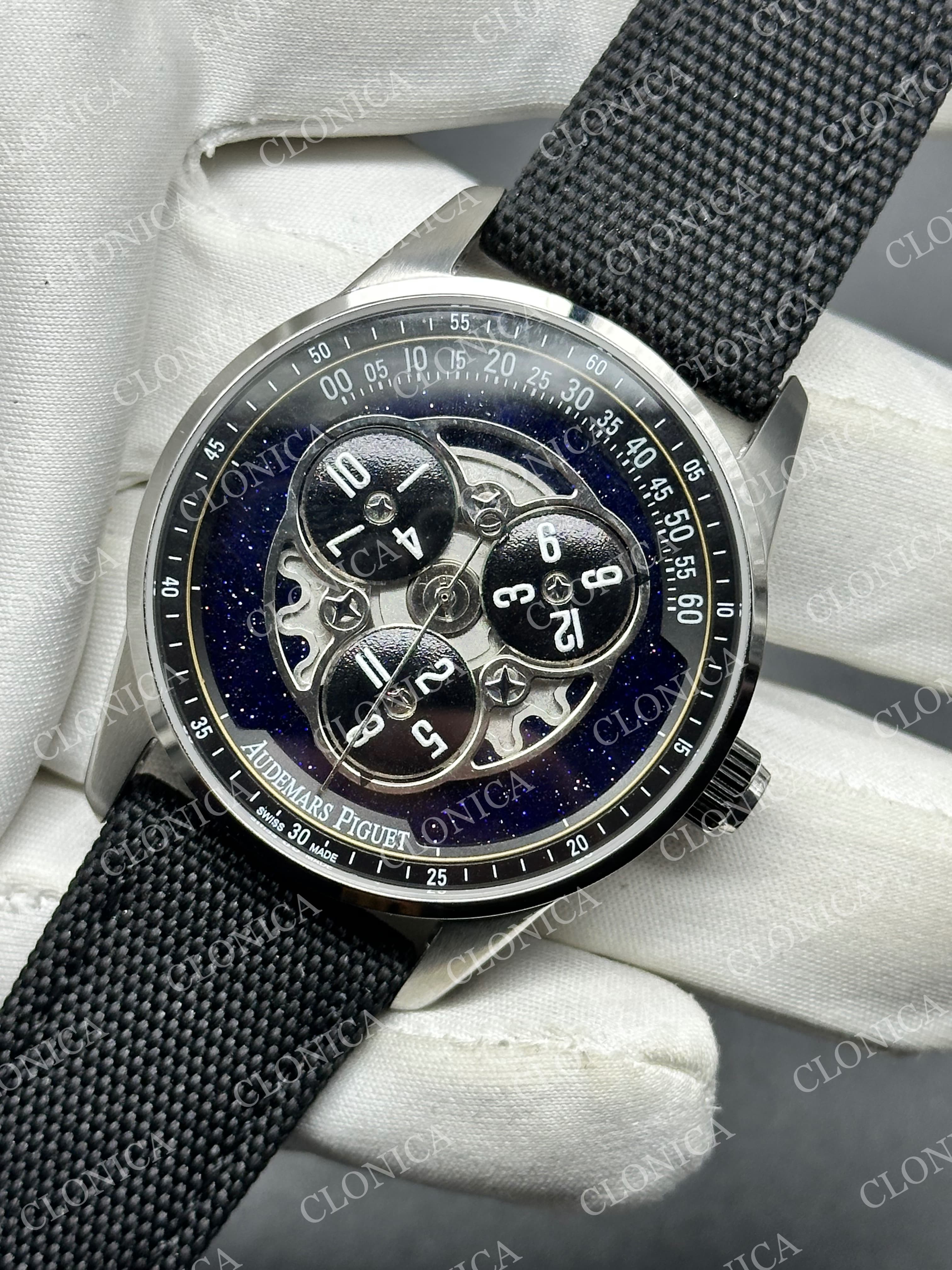 ROYAL OAK 41MM code 11.59 SS 1:1 BALCK/BLUE TEXTURED DIAL ON TEXTILE BRACELET SUPER CLONE A4302 — view 3