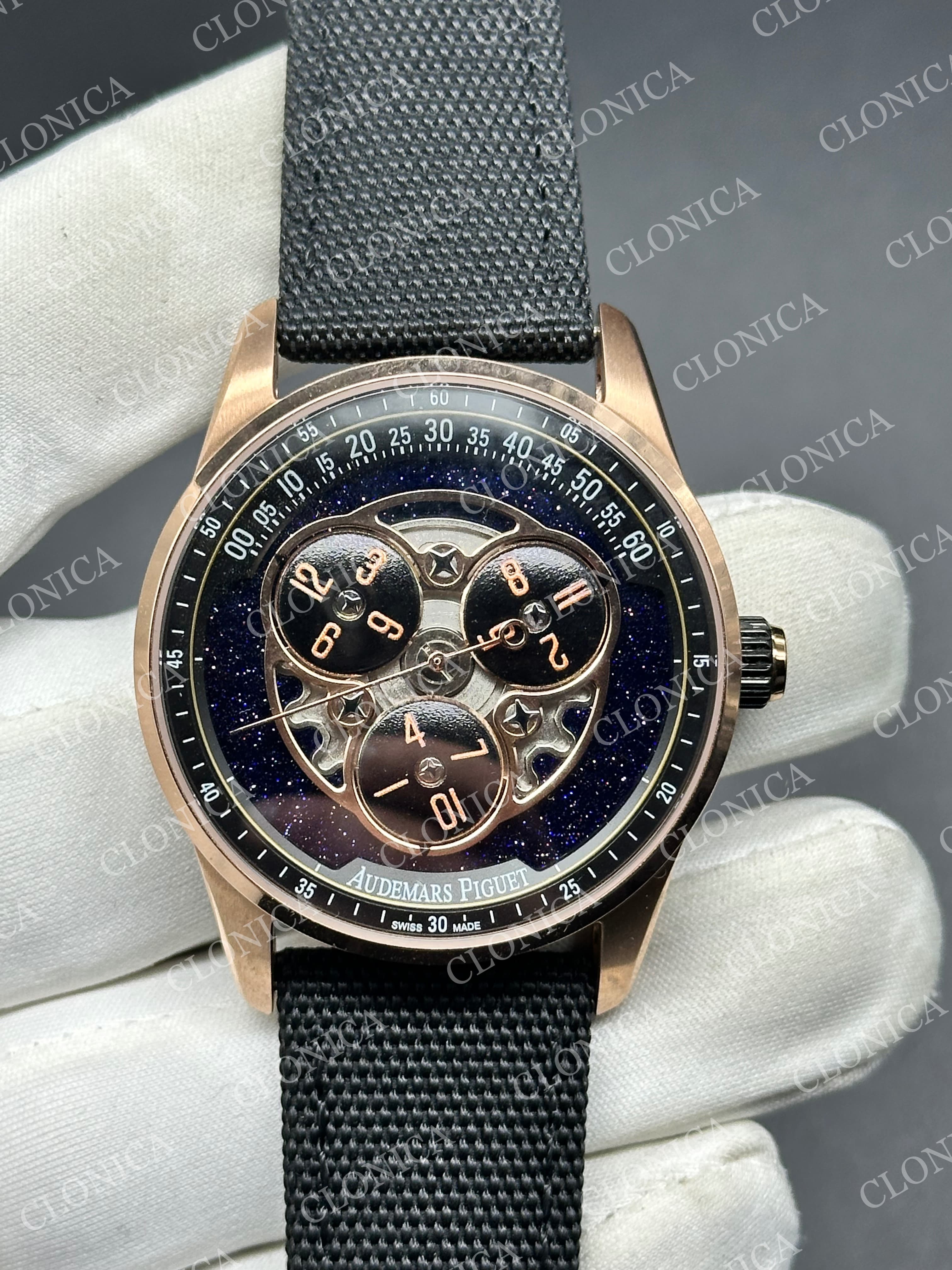 ROYAL OAK 41MM code 11.59 RG 1:1 BALCK/BLUE TEXTURED DIAL ON TEXTILE BRACELET SUPER CLONE A4302