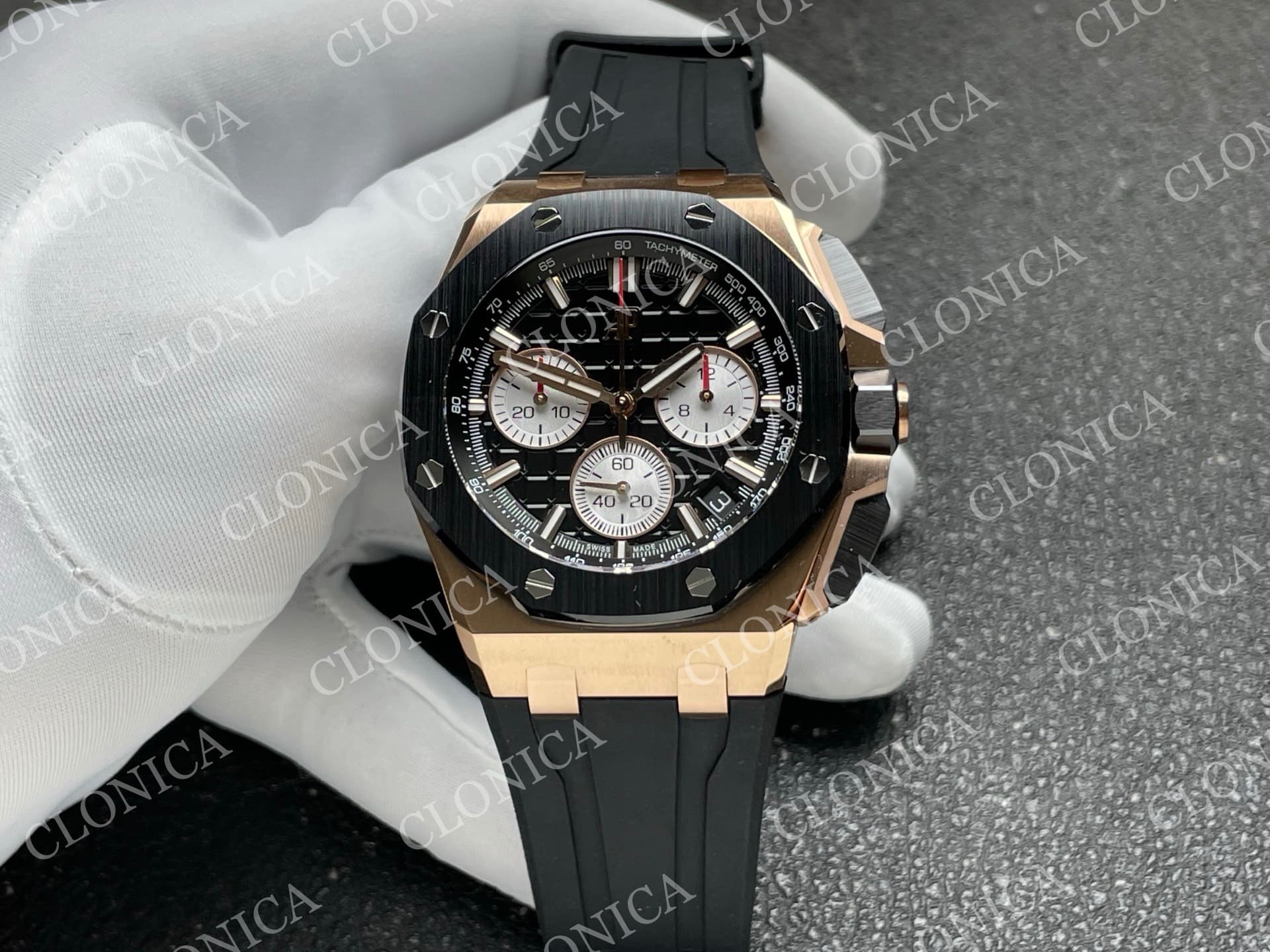 ROYAL OAK OFFSHORE 43MM 26420 CERAMIC BEZEL RG GAIN WEIGHT DDF 1:1 BLACK DIAL ON BLACK RUBBER STRAP DD4401 SUPER CLONE — view 1