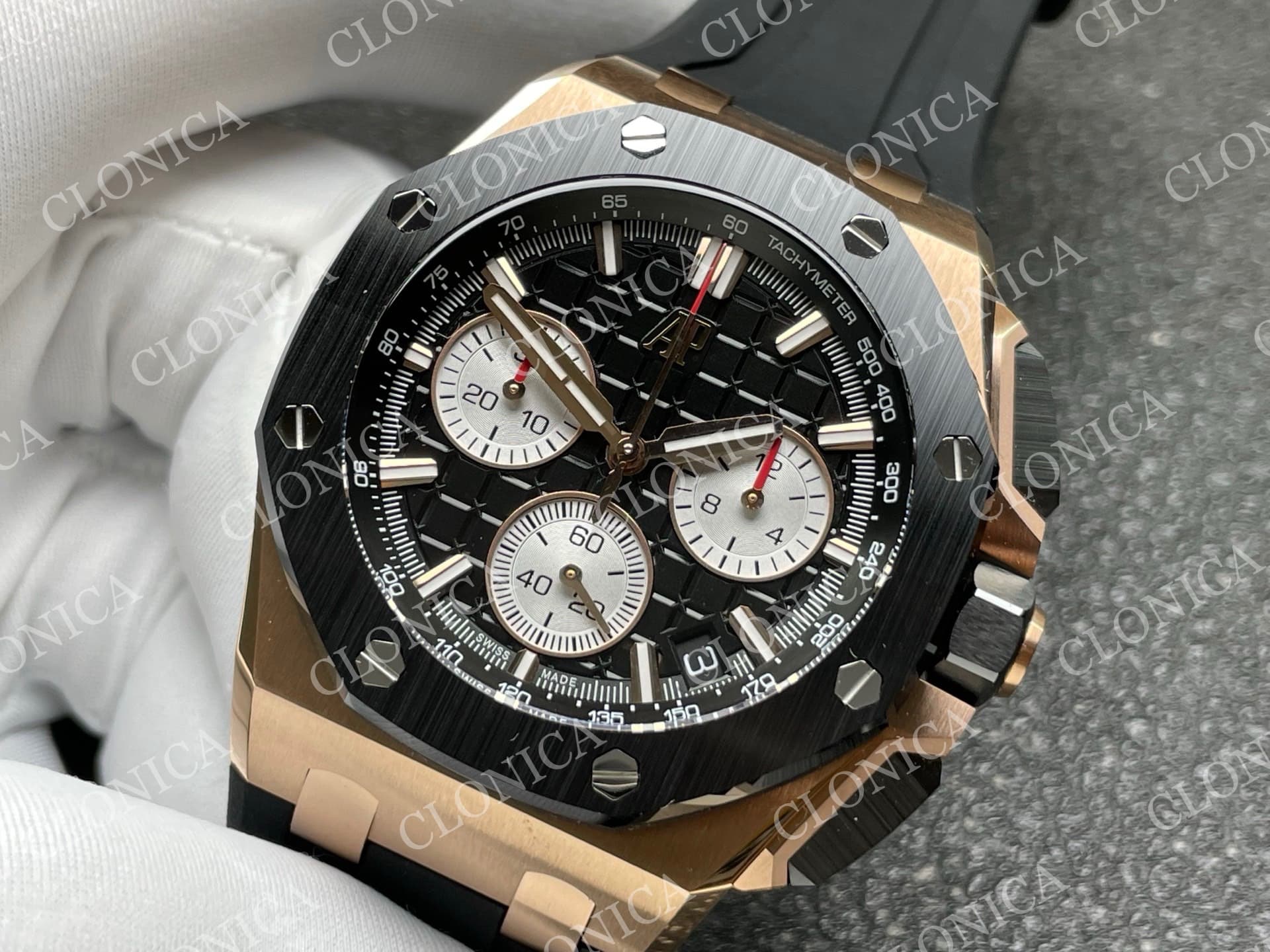ROYAL OAK OFFSHORE 43MM 26420 CERAMIC BEZEL RG GAIN WEIGHT DDF 1:1 BLACK DIAL ON BLACK RUBBER STRAP DD4401 SUPER CLONE — view 4