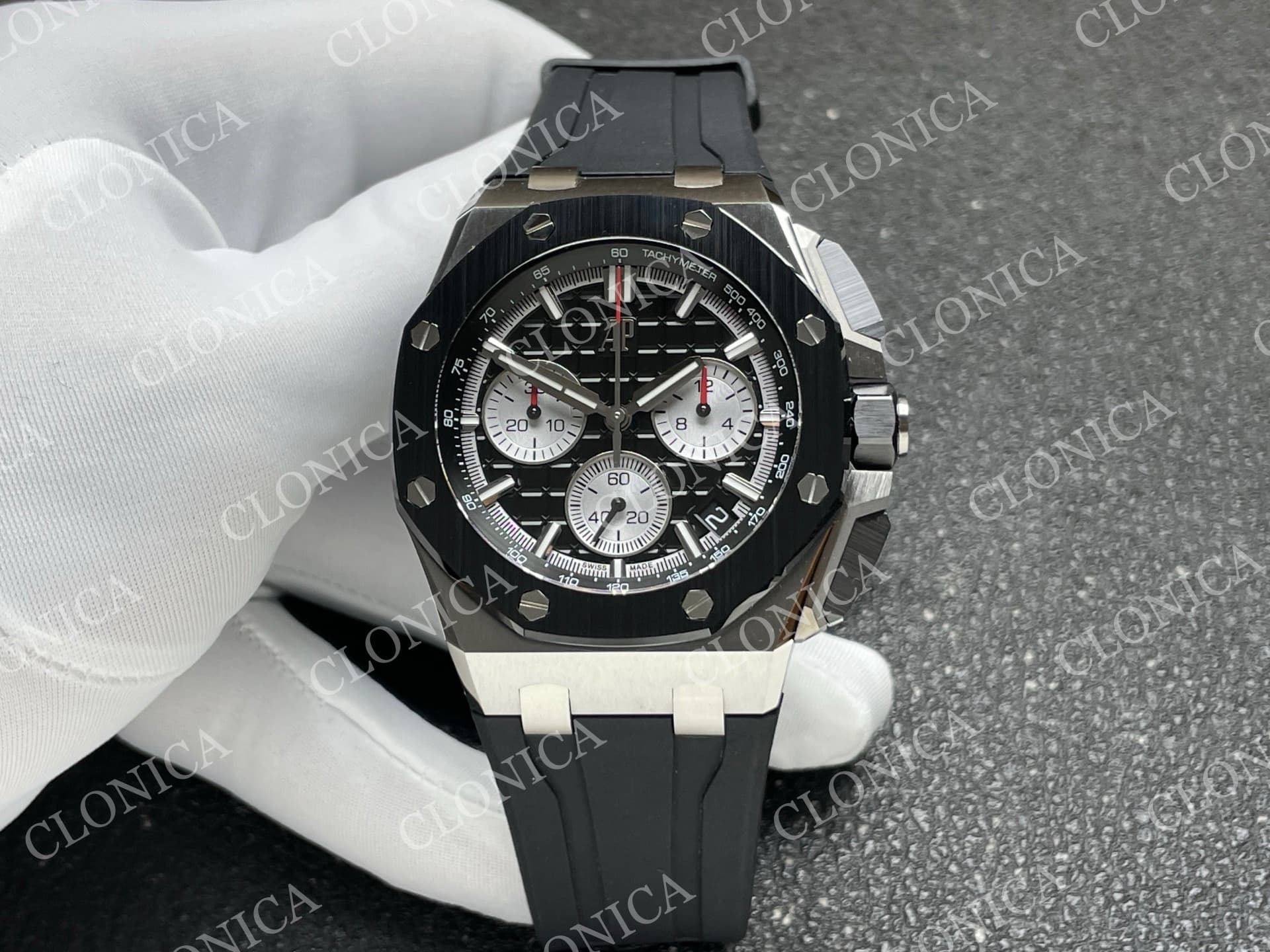 ROYAL OAK OFFSHORE 43MM 26420 CERAMIC BEZEL SS DDF 1:1 BLACK DIAL ON BLACK RUBBER STRAP DD4401 SUPER CLONE