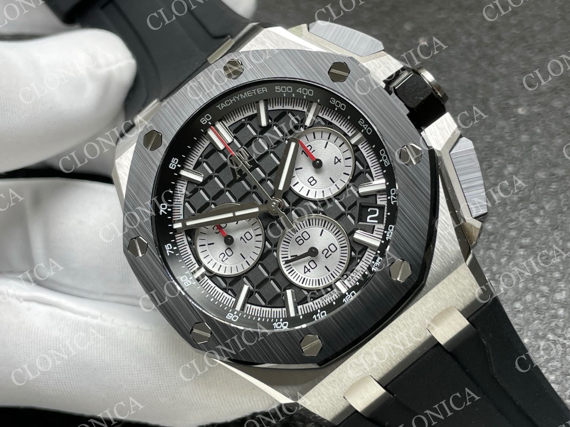 ROYAL OAK OFFSHORE 43MM 26420 CERAMIC BEZEL SS DDF 1:1 BLACK DIAL ON BLACK RUBBER STRAP DD4401 SUPER CLONE — view 2