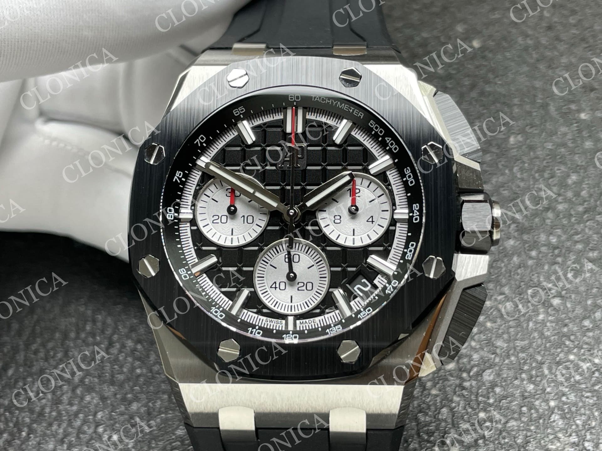 ROYAL OAK OFFSHORE 43MM 26420 CERAMIC BEZEL SS DDF 1:1 BLACK DIAL ON BLACK RUBBER STRAP DD4401 SUPER CLONE — view 3