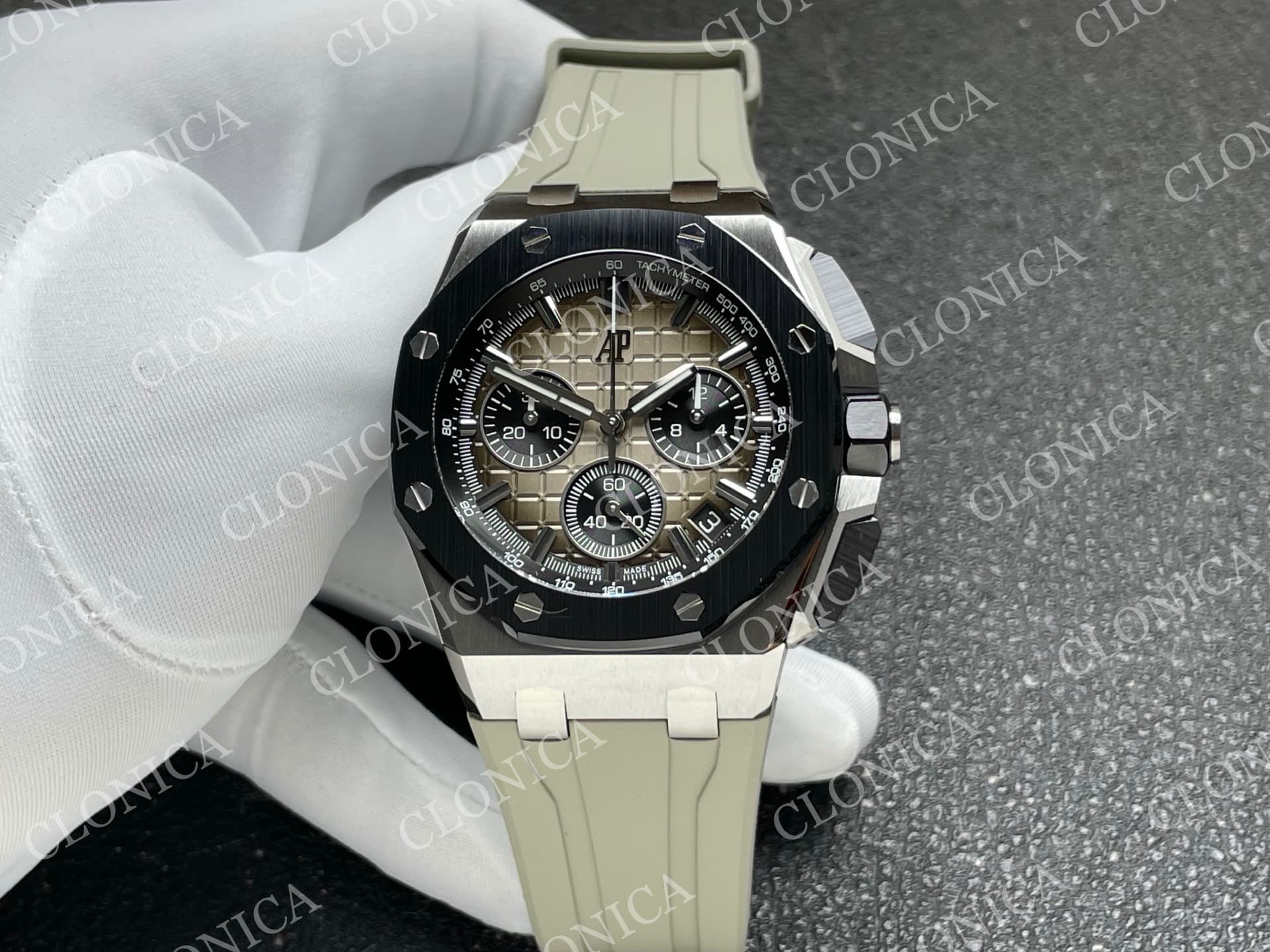 ROYAL OAK OFFSHORE 43MM 26420 CERAMIC BEZEL SS DDF 1:1 GRAY DIAL ON RUBBER STRAP DD4401 SUPER CLONE