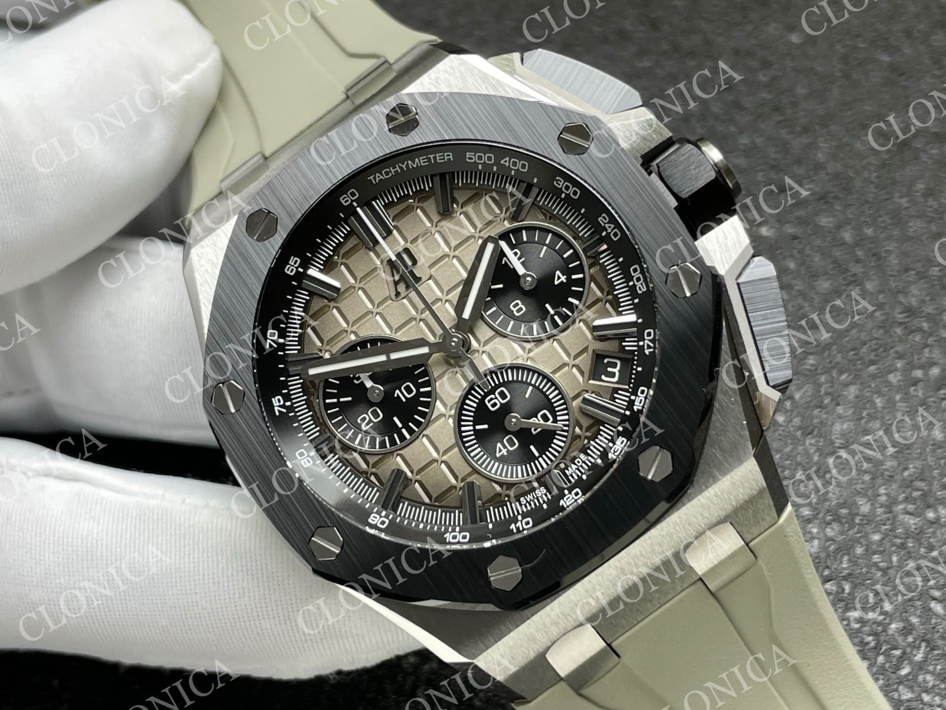 ROYAL OAK OFFSHORE 43MM 26420 CERAMIC BEZEL SS DDF 1:1 GRAY DIAL ON RUBBER STRAP DD4401 SUPER CLONE — view 2