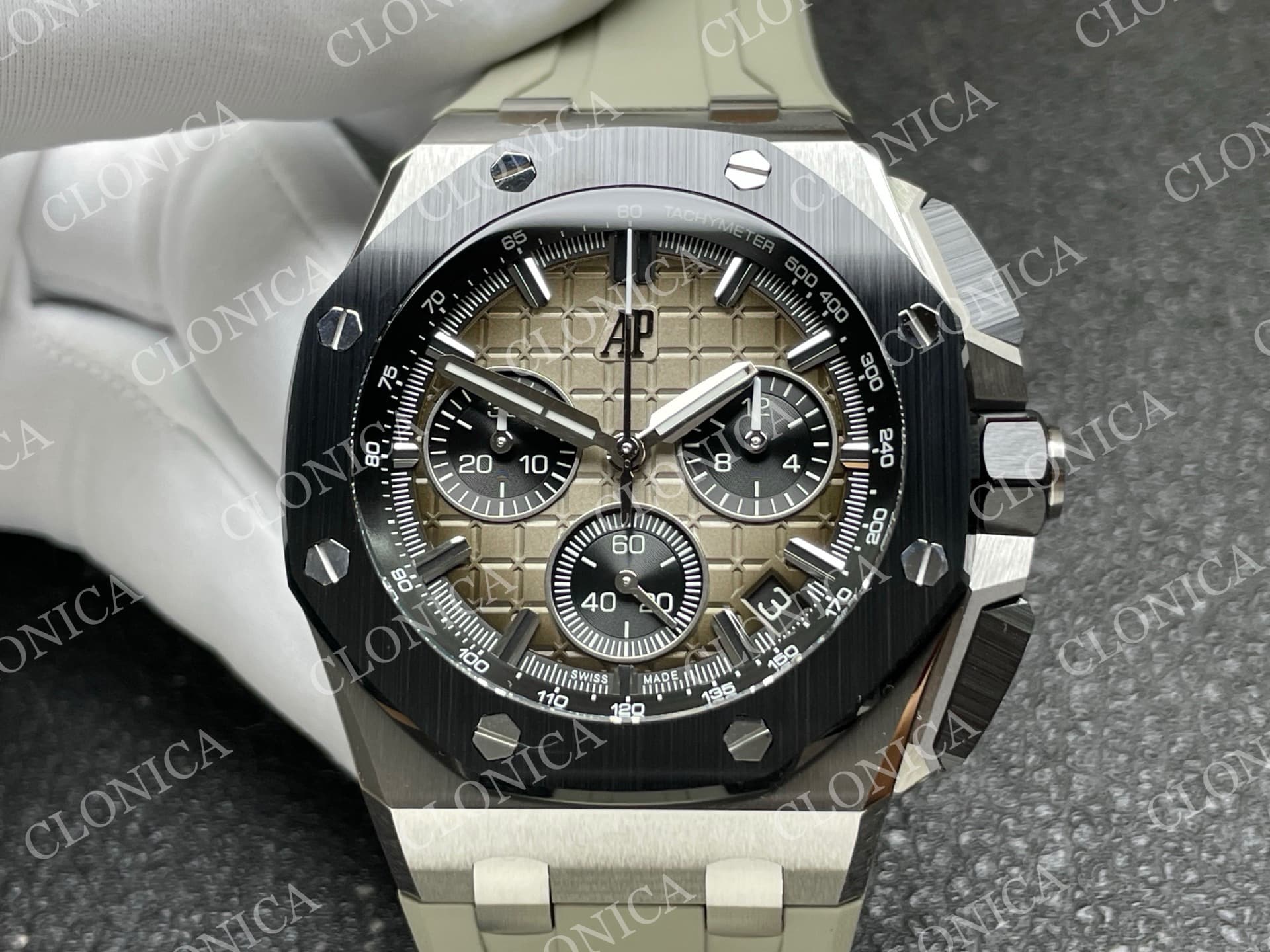ROYAL OAK OFFSHORE 43MM 26420 CERAMIC BEZEL SS DDF 1:1 GRAY DIAL ON RUBBER STRAP DD4401 SUPER CLONE — view 3