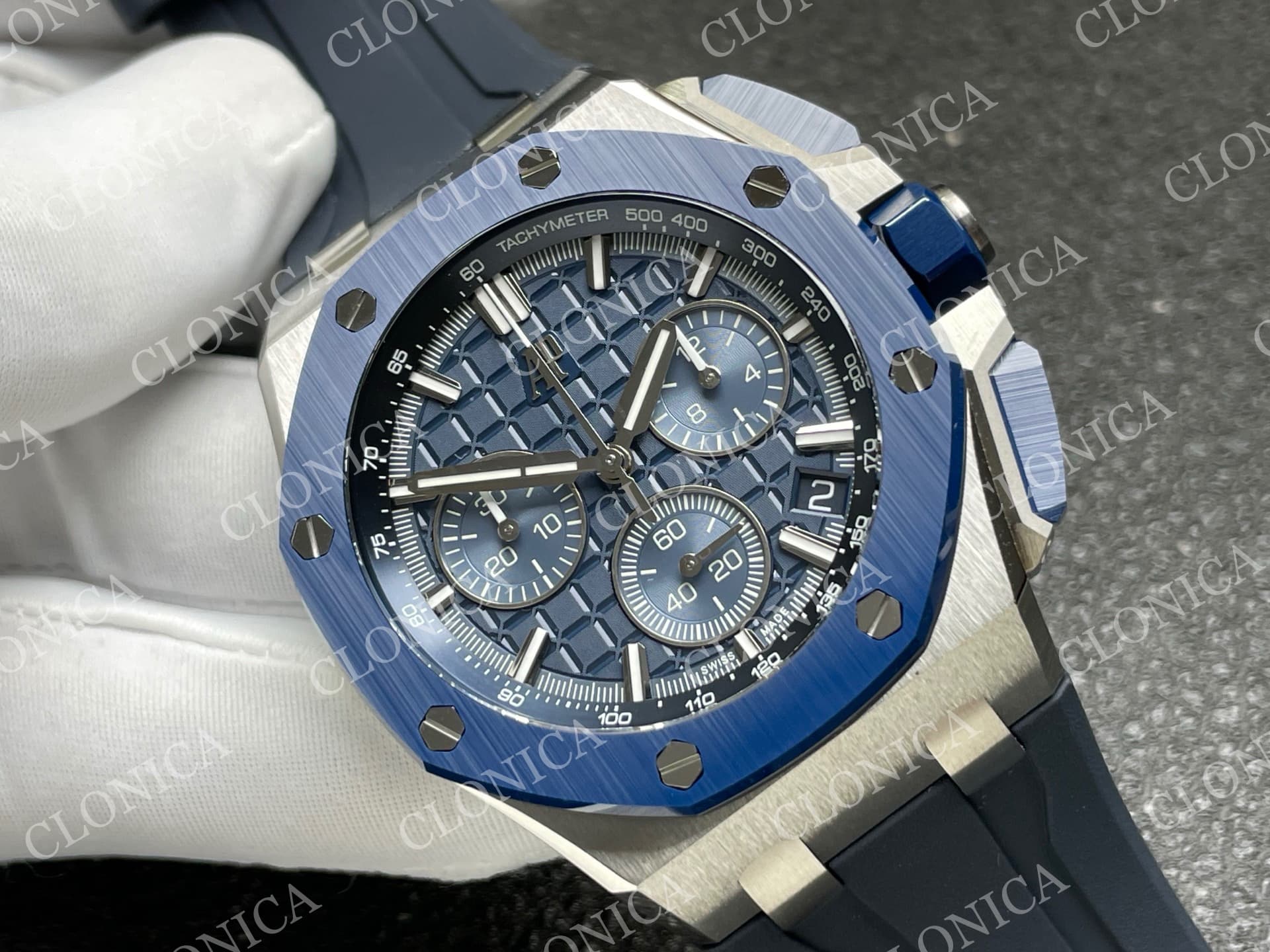 ROYAL OAK OFFSHORE 43MM 26420 BLUE CERAMIC BEZEL SS DDF 1:1 BLUE DIAL ON BLUE RUBBER STRAP DD4401 SUPER CLONE — view 2