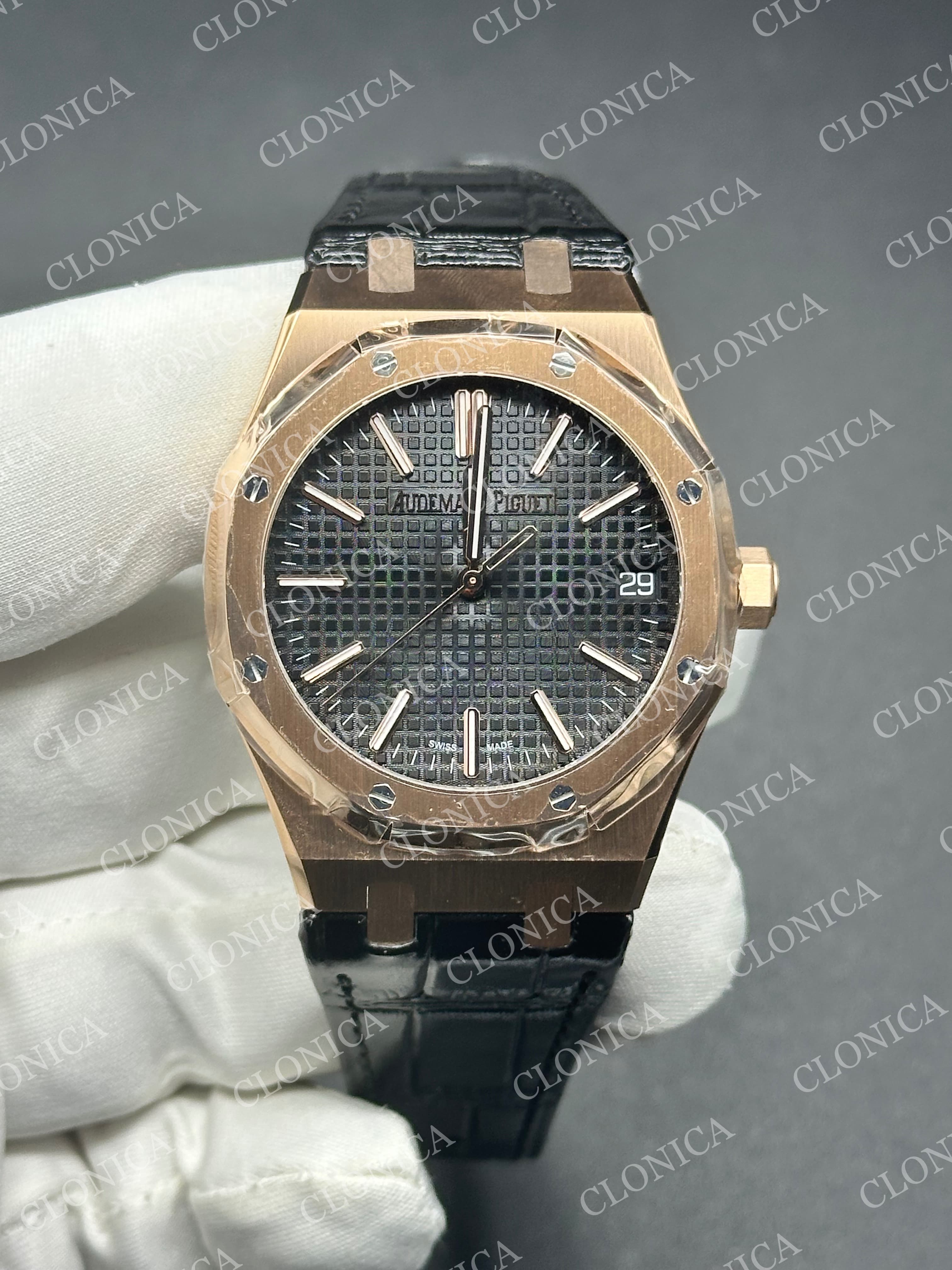 ROYAL OAK 41MM 15510 RG 1:1 BLACK TEXTURED DIAL ON LEATHER BRACELET SUPER CLONE A4302 — view 1