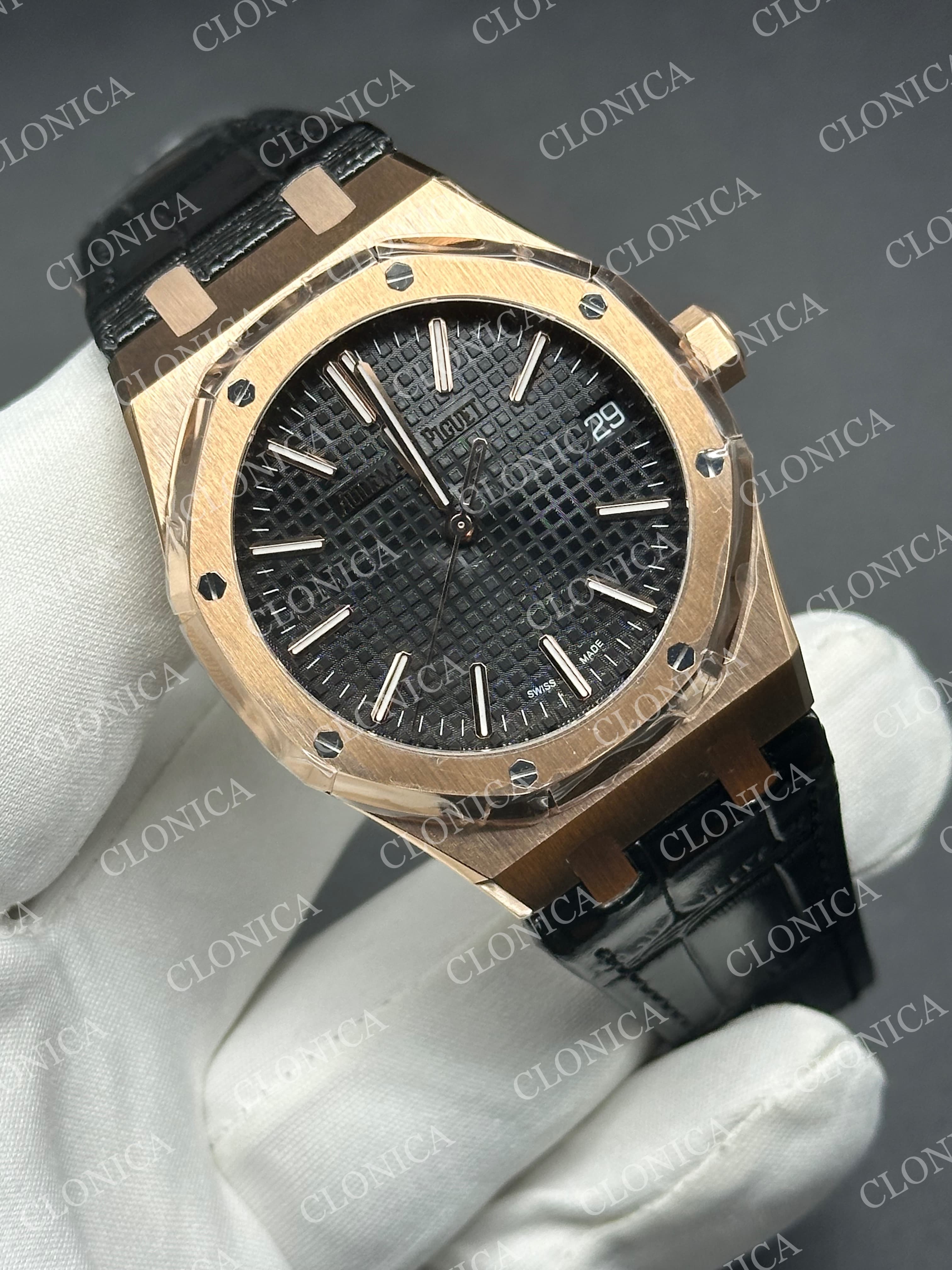 ROYAL OAK 41MM 15510 RG 1:1 BLACK TEXTURED DIAL ON LEATHER BRACELET SUPER CLONE A4302 — view 2
