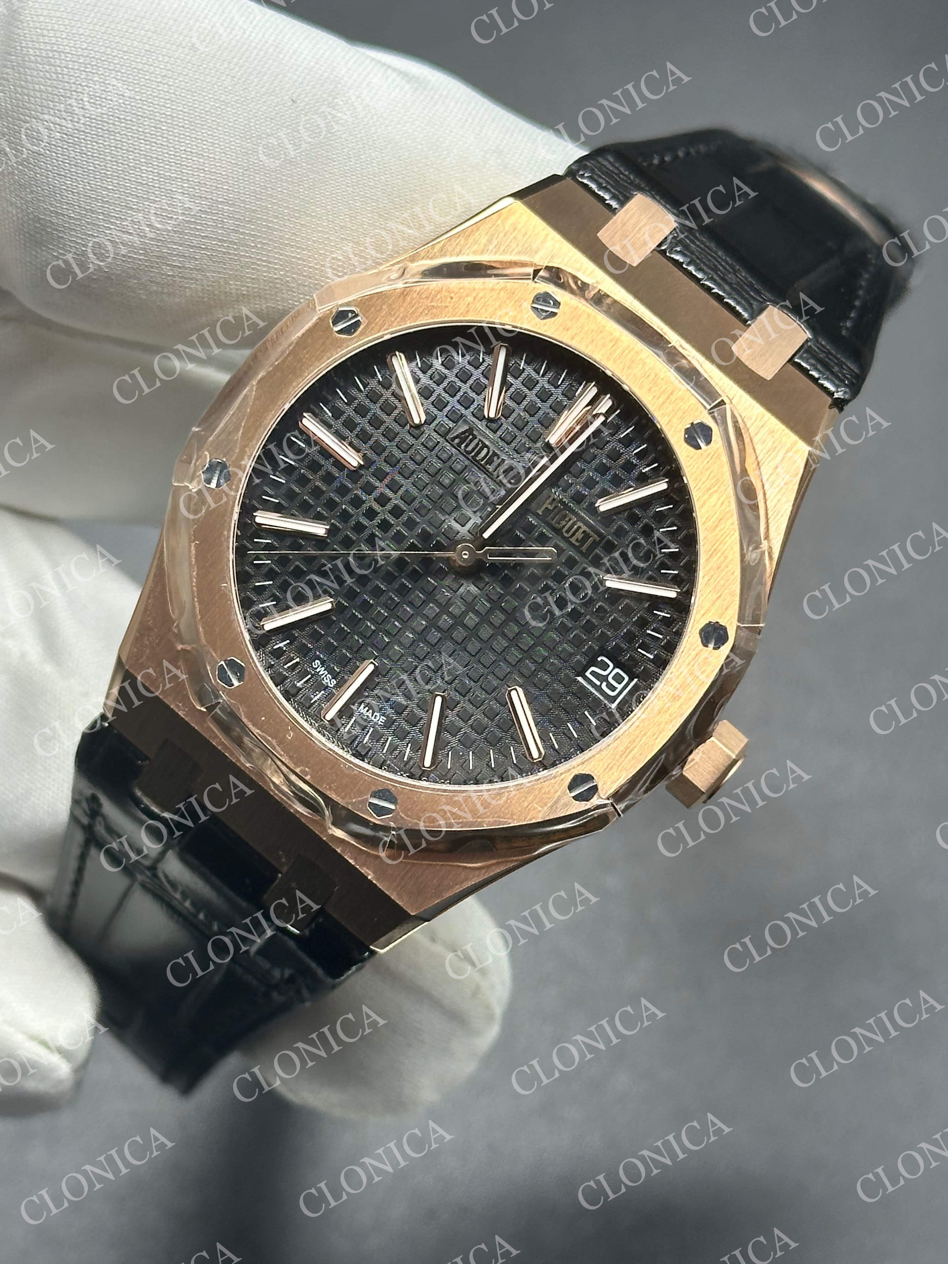 ROYAL OAK 41MM 15510 RG 1:1 BLACK TEXTURED DIAL ON LEATHER BRACELET SUPER CLONE A4302 — view 3