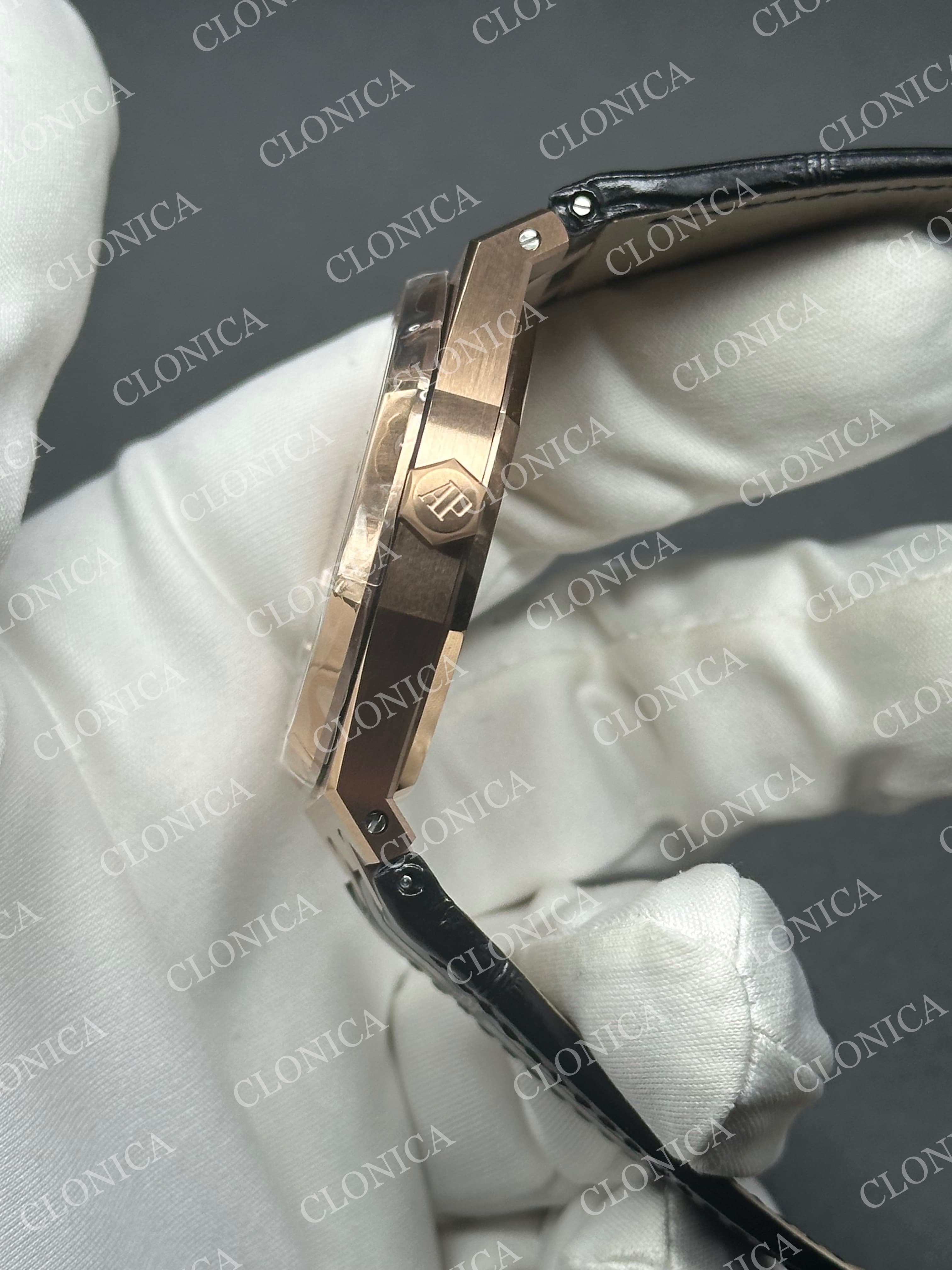 ROYAL OAK 41MM 15510 RG 1:1 BLACK TEXTURED DIAL ON LEATHER BRACELET SUPER CLONE A4302 — view 4
