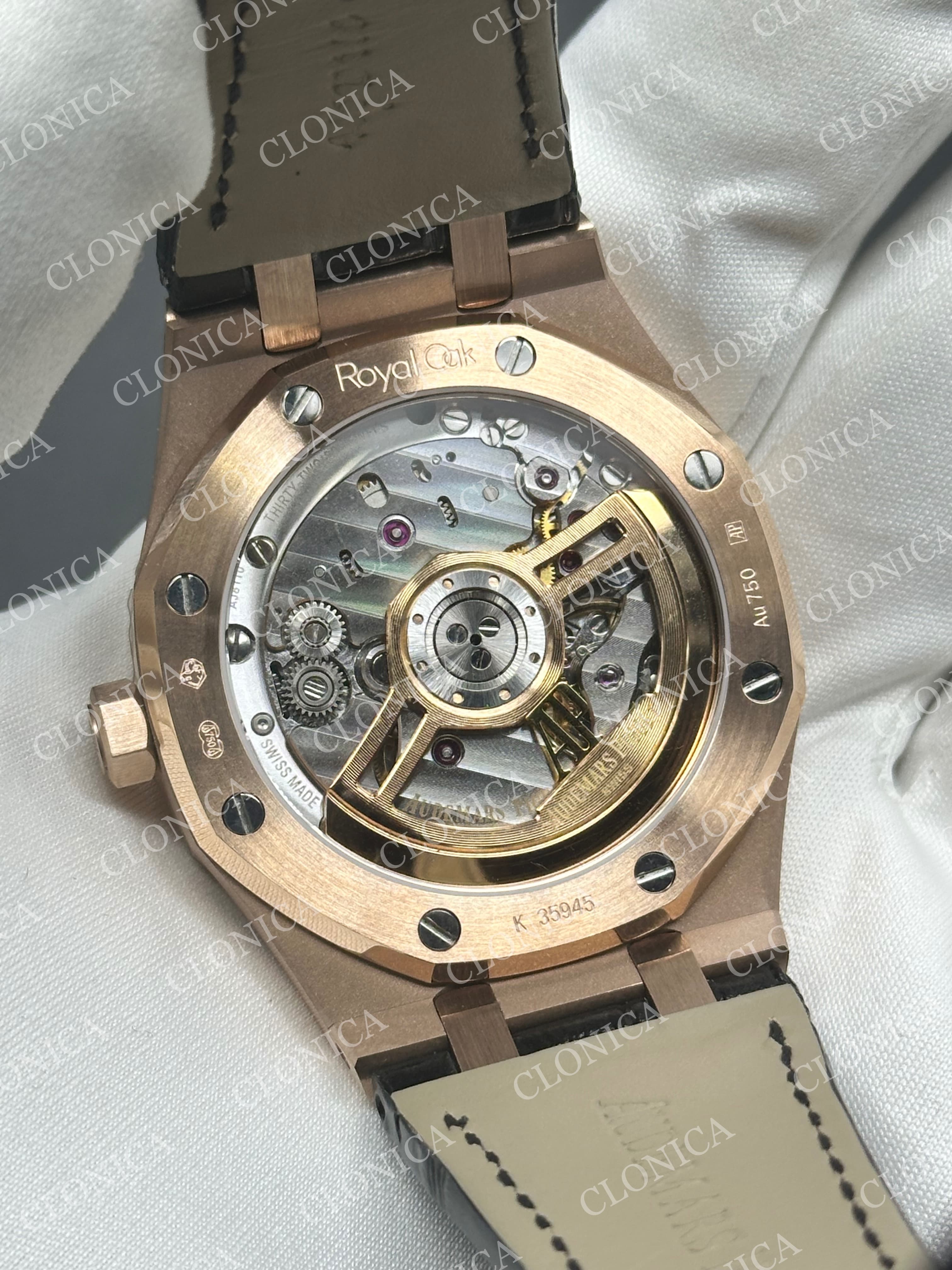 ROYAL OAK 41MM 15510 RG 1:1 BLACK TEXTURED DIAL ON LEATHER BRACELET SUPER CLONE A4302 — view 5