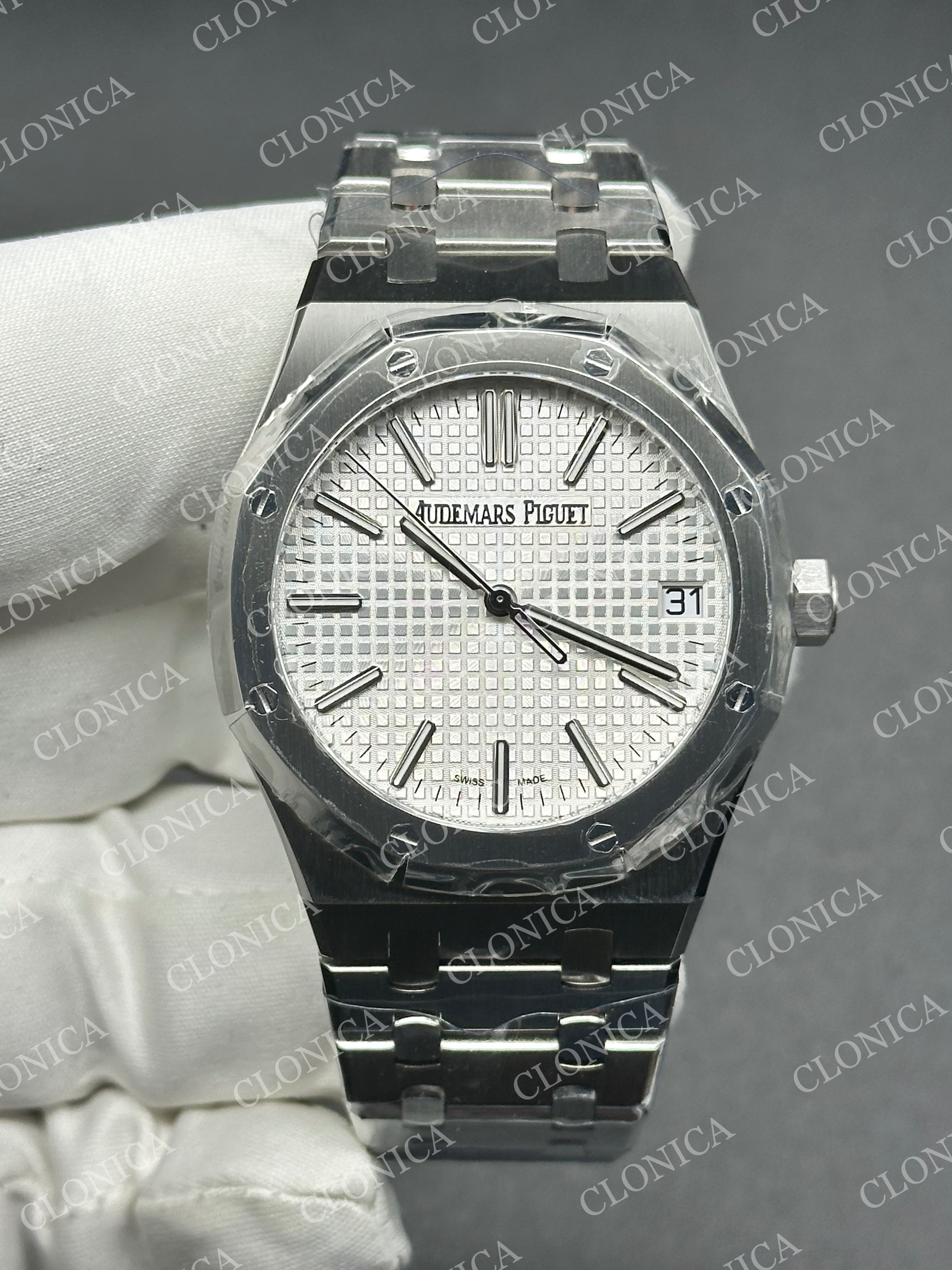 ROYAL OAK 41MM 15510 SS 1:1 WHITE TEXTURED DIAL ON SS BRACELET SUPER CLONE A4302