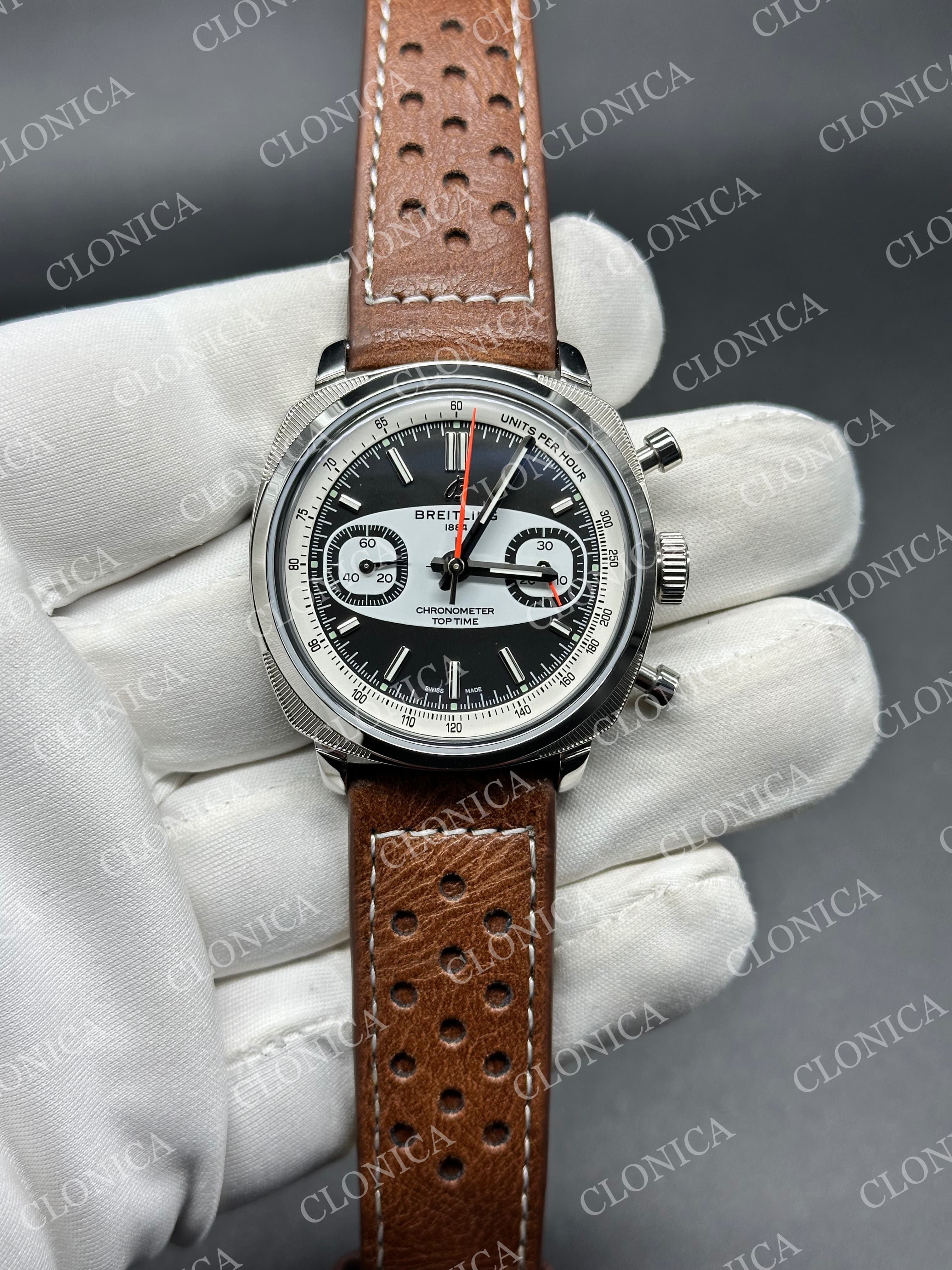 TOP TIME B01 RACING 1:1 BLACK/WHITE DIAL ON BROWN LEATHER STRAP A7750 — view 1