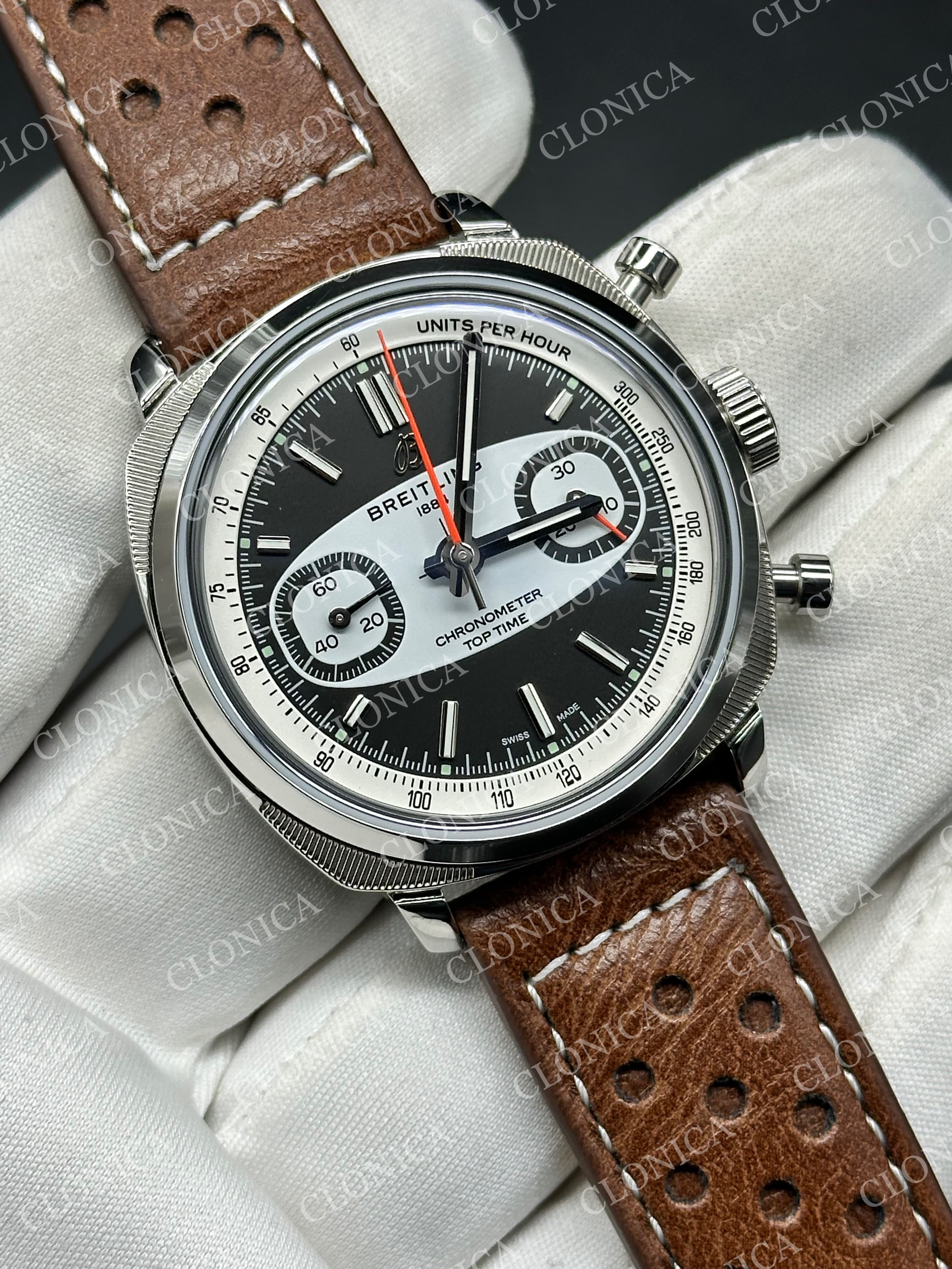 TOP TIME B01 RACING 1:1 BLACK/WHITE DIAL ON BROWN LEATHER STRAP A7750 — view 2