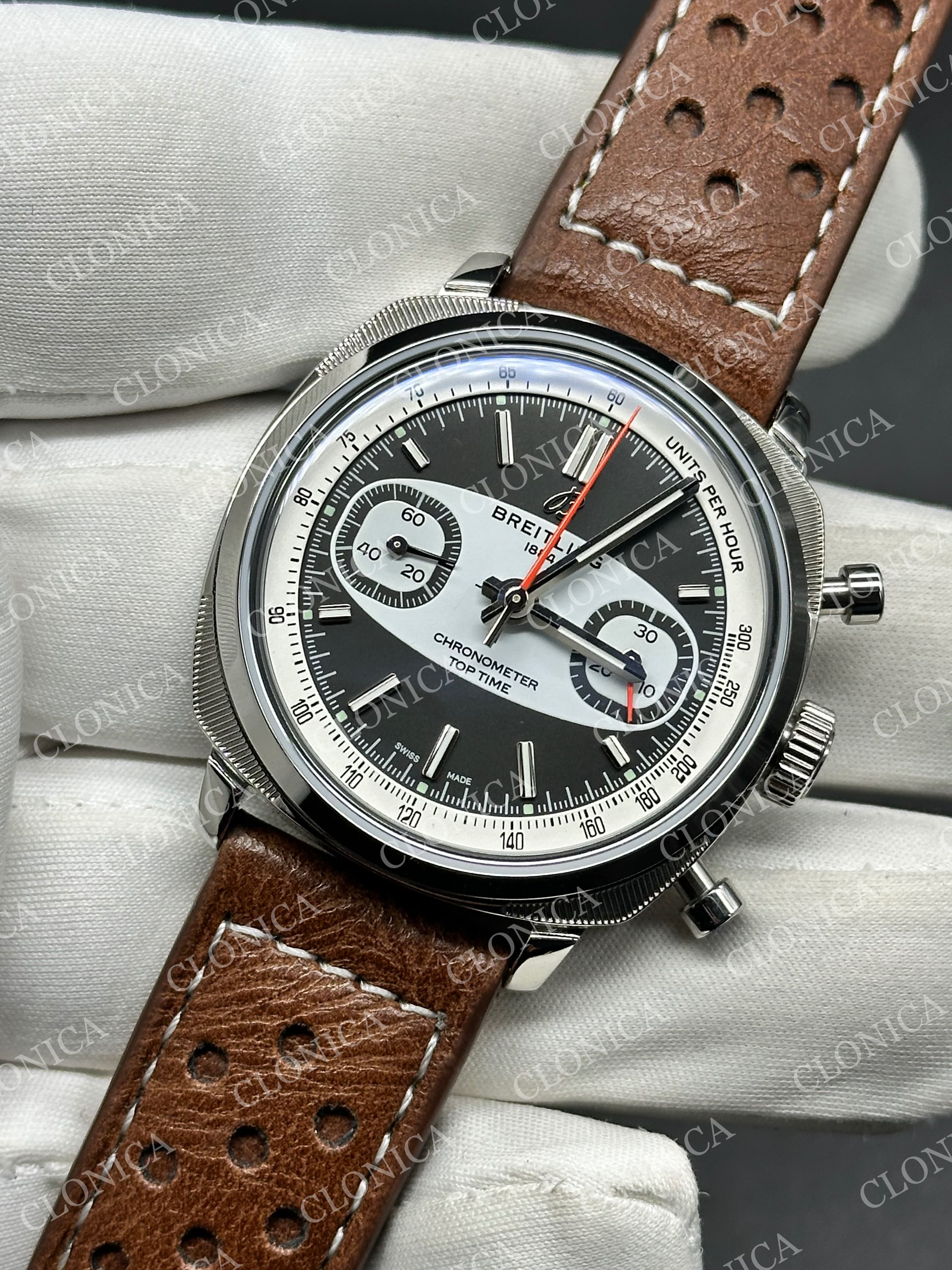 TOP TIME B01 RACING 1:1 BLACK/WHITE DIAL ON BROWN LEATHER STRAP A7750 — view 3