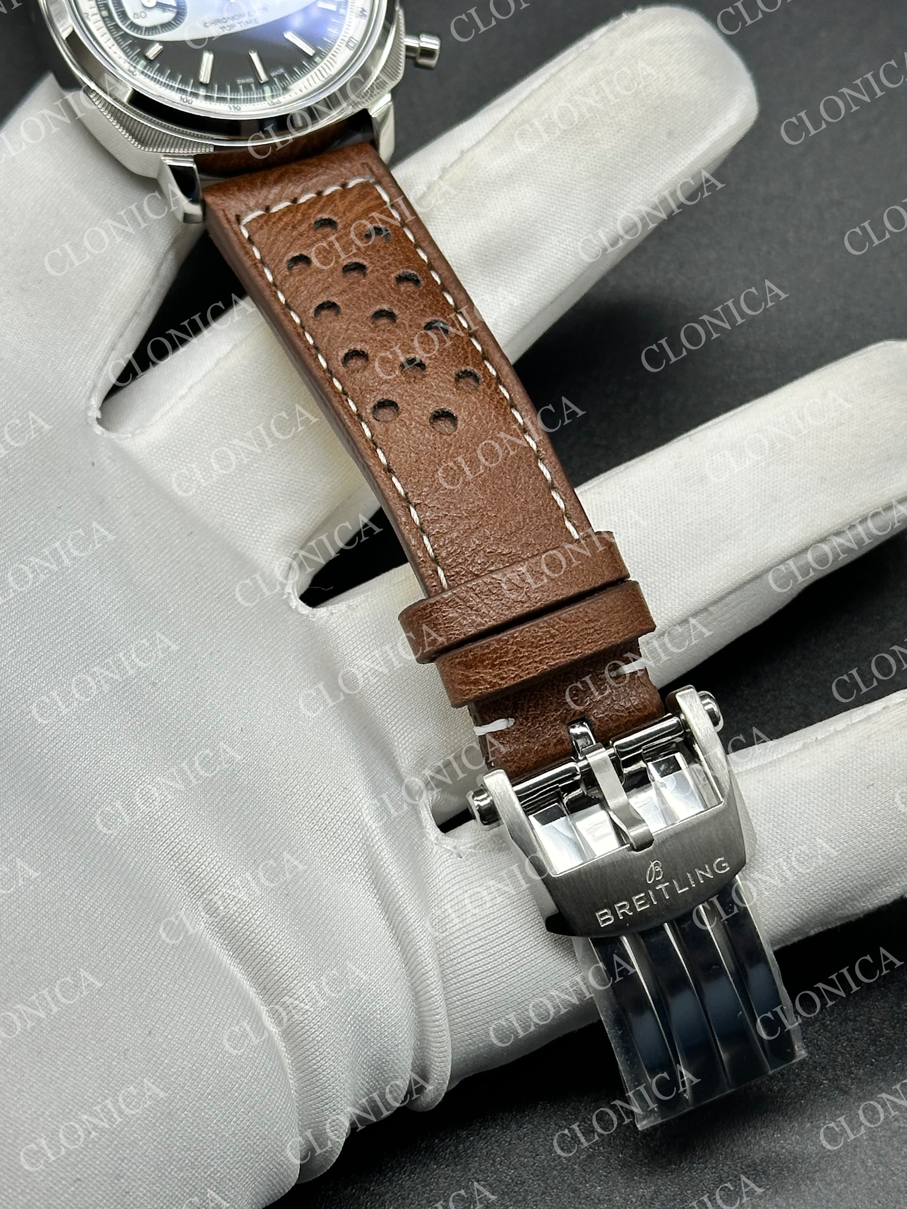 TOP TIME B01 RACING 1:1 BLACK/WHITE DIAL ON BROWN LEATHER STRAP A7750 — view 7