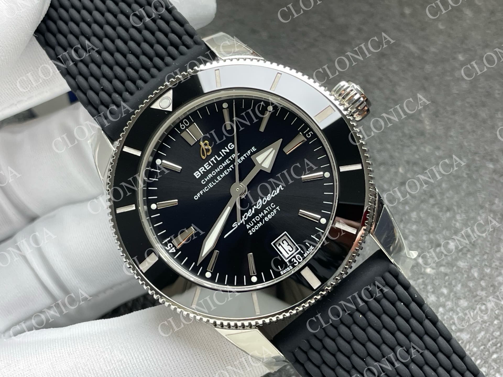 SUPEROCEAN 42MM AB2010 SS BLACK DIAL BLACK CERAMIC BEZEL ON BLACK RUBBER STRAP A2824 — view 2