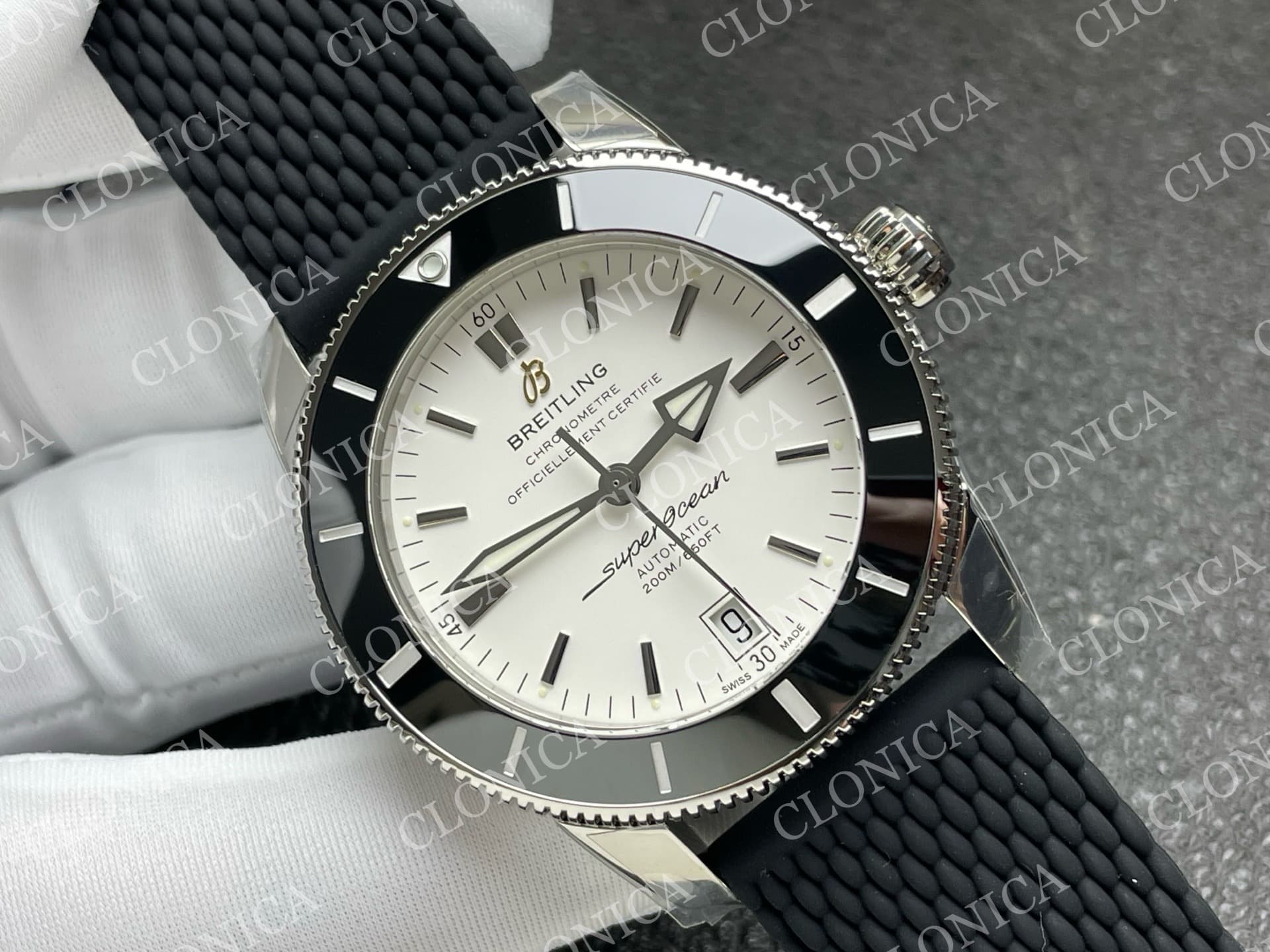SUPEROCEAN 42MM AB2010 SS WHITE DIAL BLACK CERAMIC BEZEL ON BLACK RUBBER STRAP A2824 — view 2