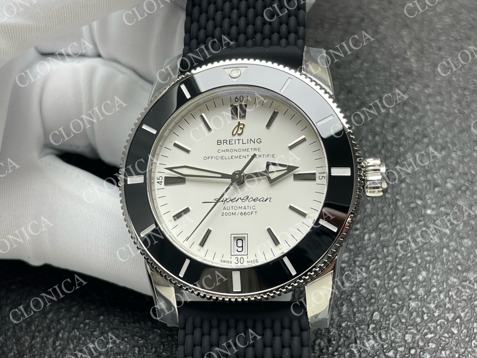 SUPEROCEAN 42MM AB2010 SS WHITE DIAL BLACK CERAMIC BEZEL ON BLACK RUBBER STRAP A2824 — view 3