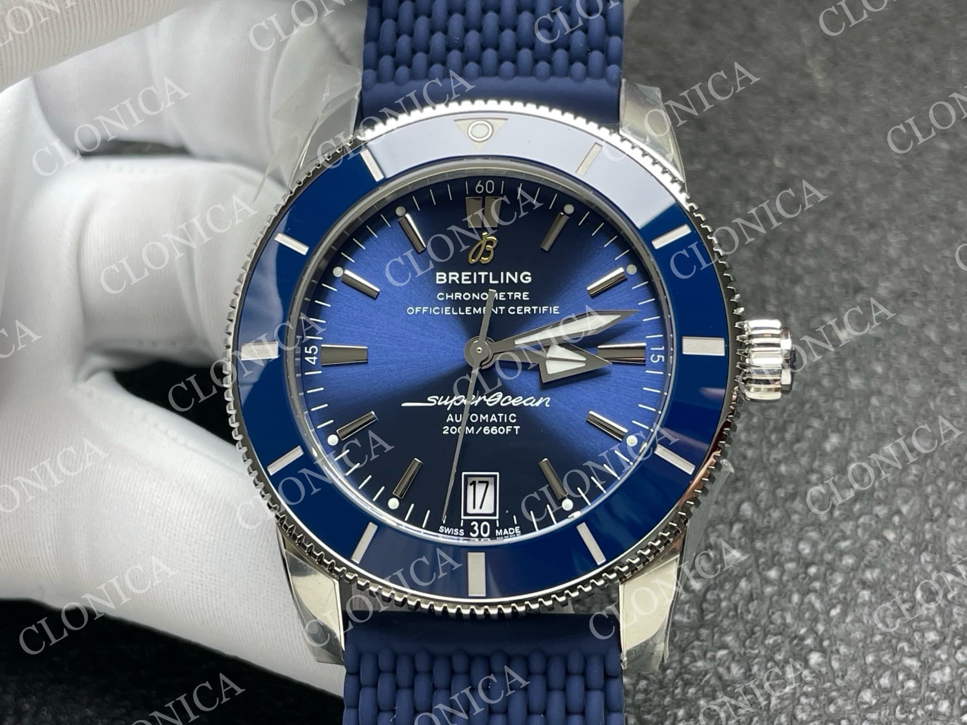 SUPEROCEAN 42MM AB2010 SS BLUE DIAL BLUE CERAMIC BEZEL ON BLUE RUBBER STRAP A2824 — view 3